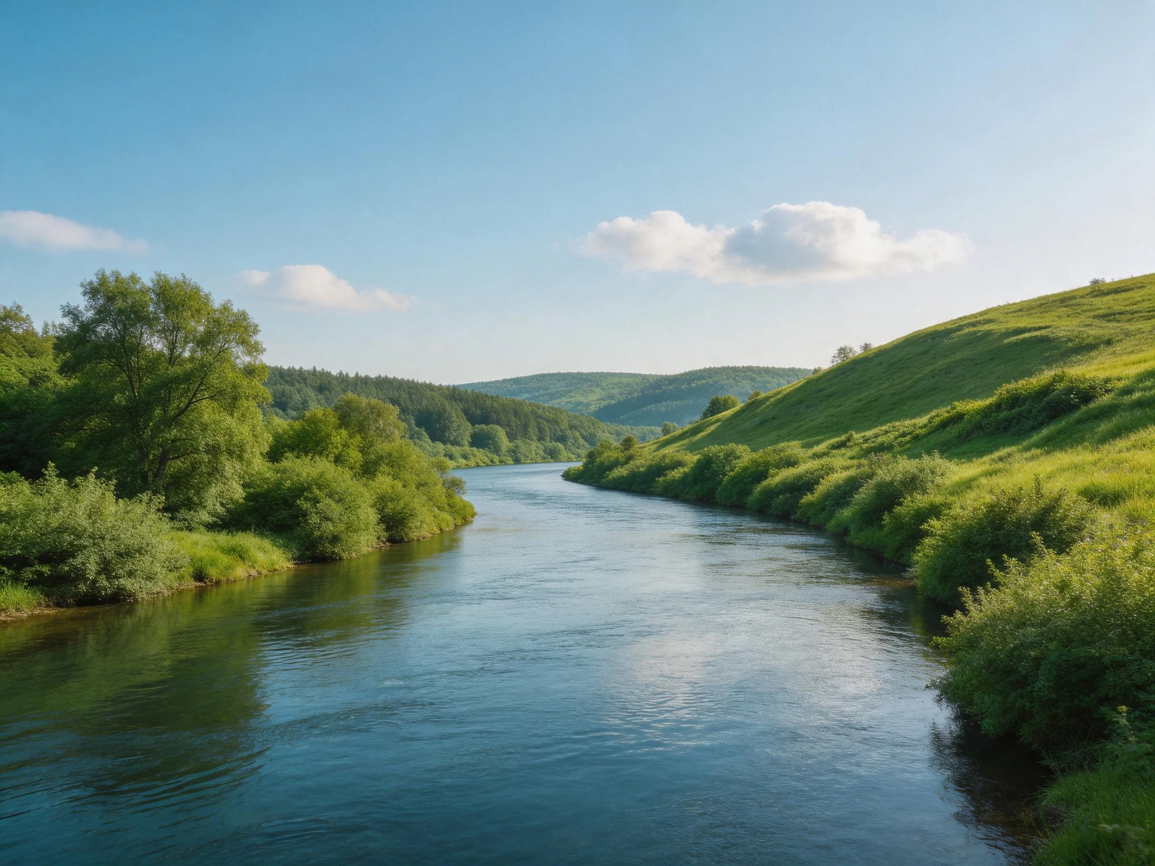 A serene river winds through lush green hills and forests under a clear sky