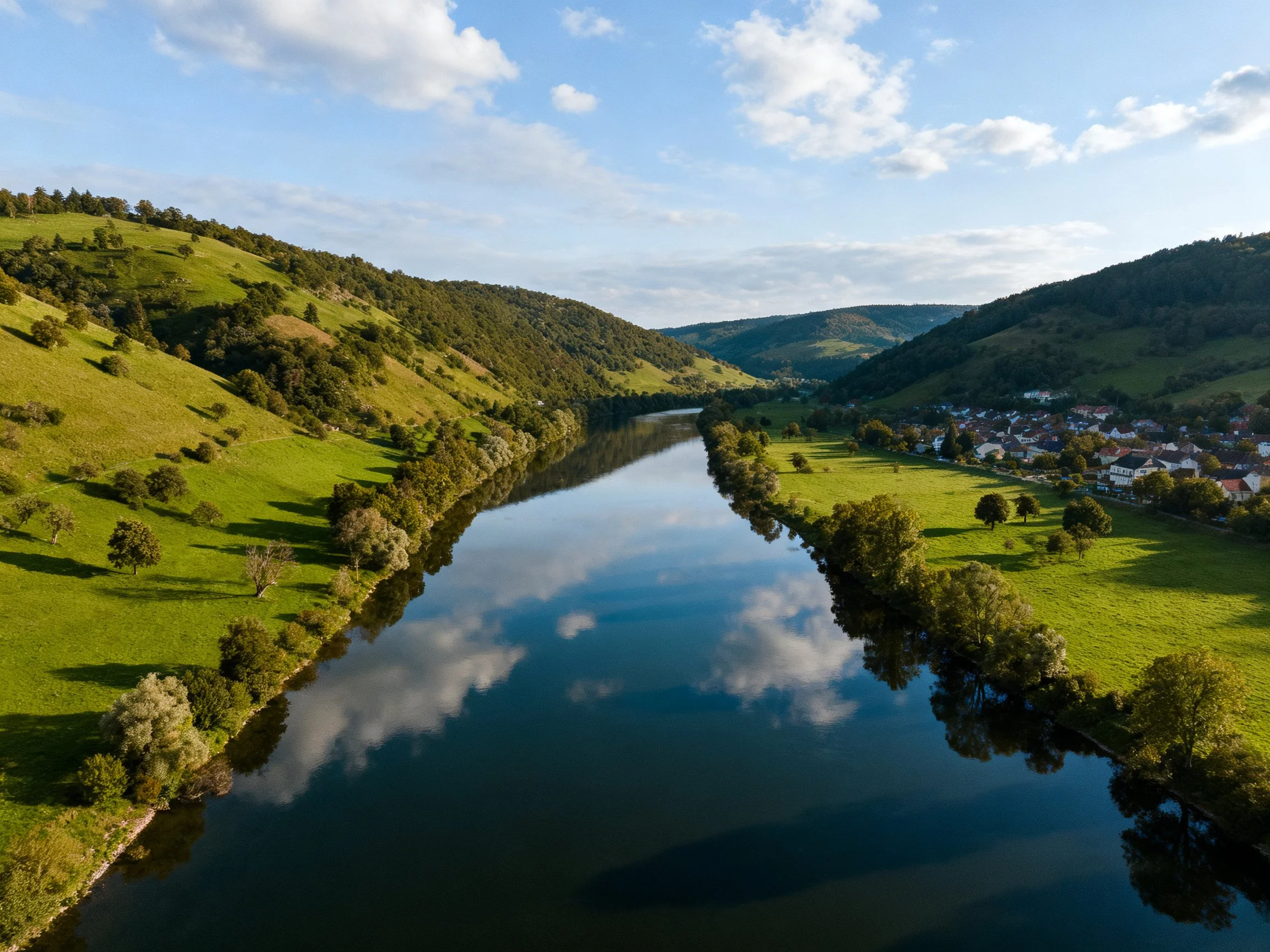 A serene river winds through lush green hills near a small town