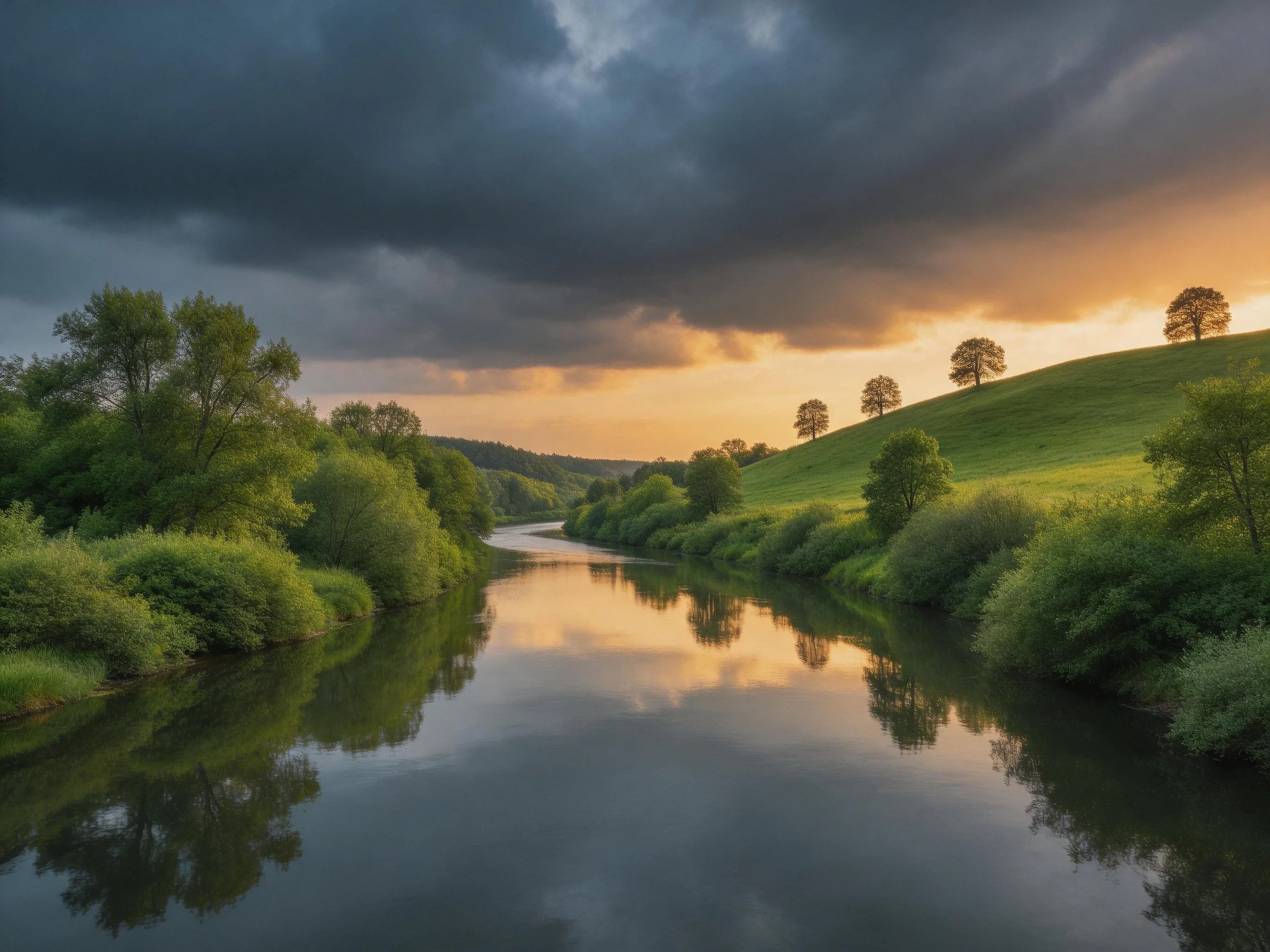 A serene river winds through lush green hills under dramatic skies