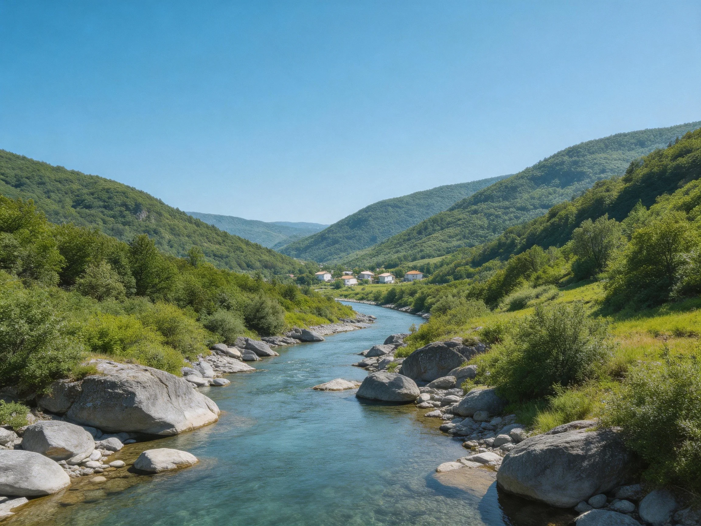 A serene river winds through lush green hills with rocky banks
