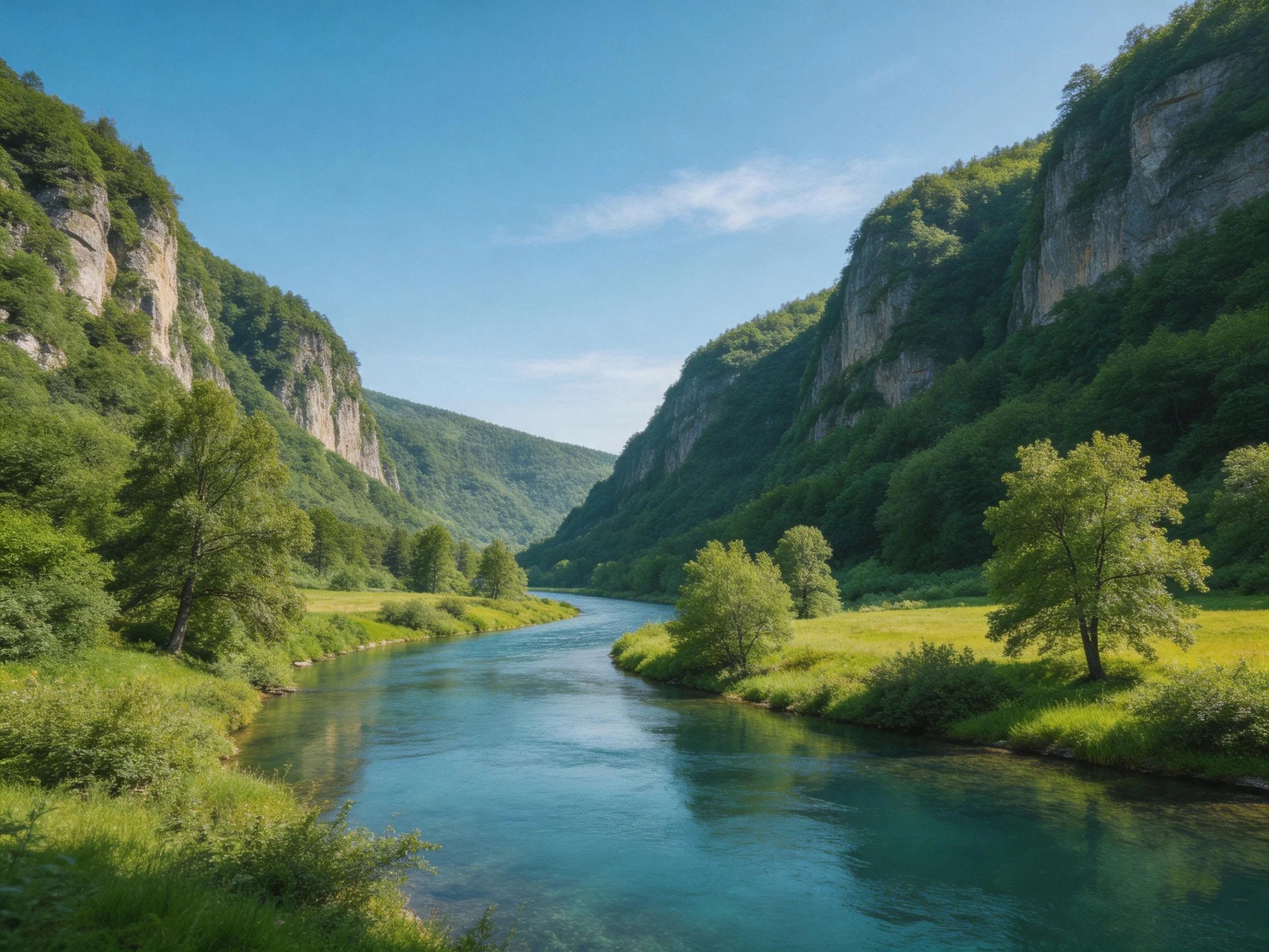 A serene river winds through lush green valleys with rocky cliffs