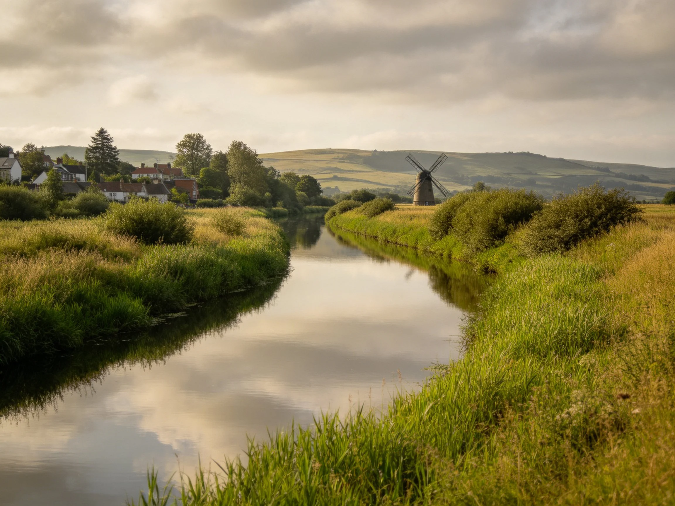 A serene river winds through lush greenery near an old windmill