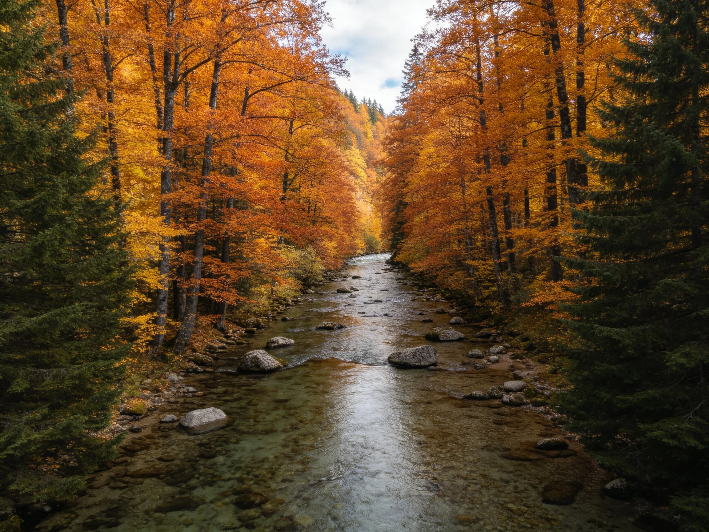 A serene river winds through vibrant autumn forest