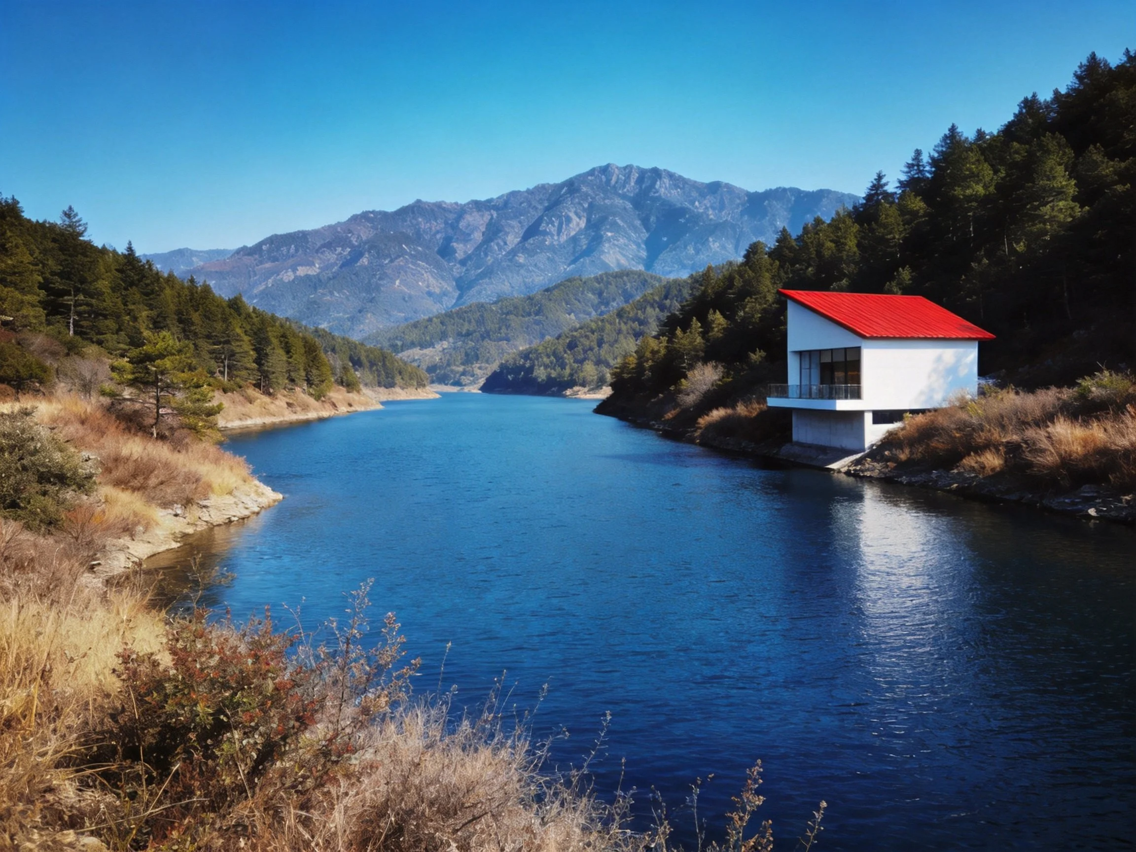 A serene river with a red-roofed white house near forested mountains