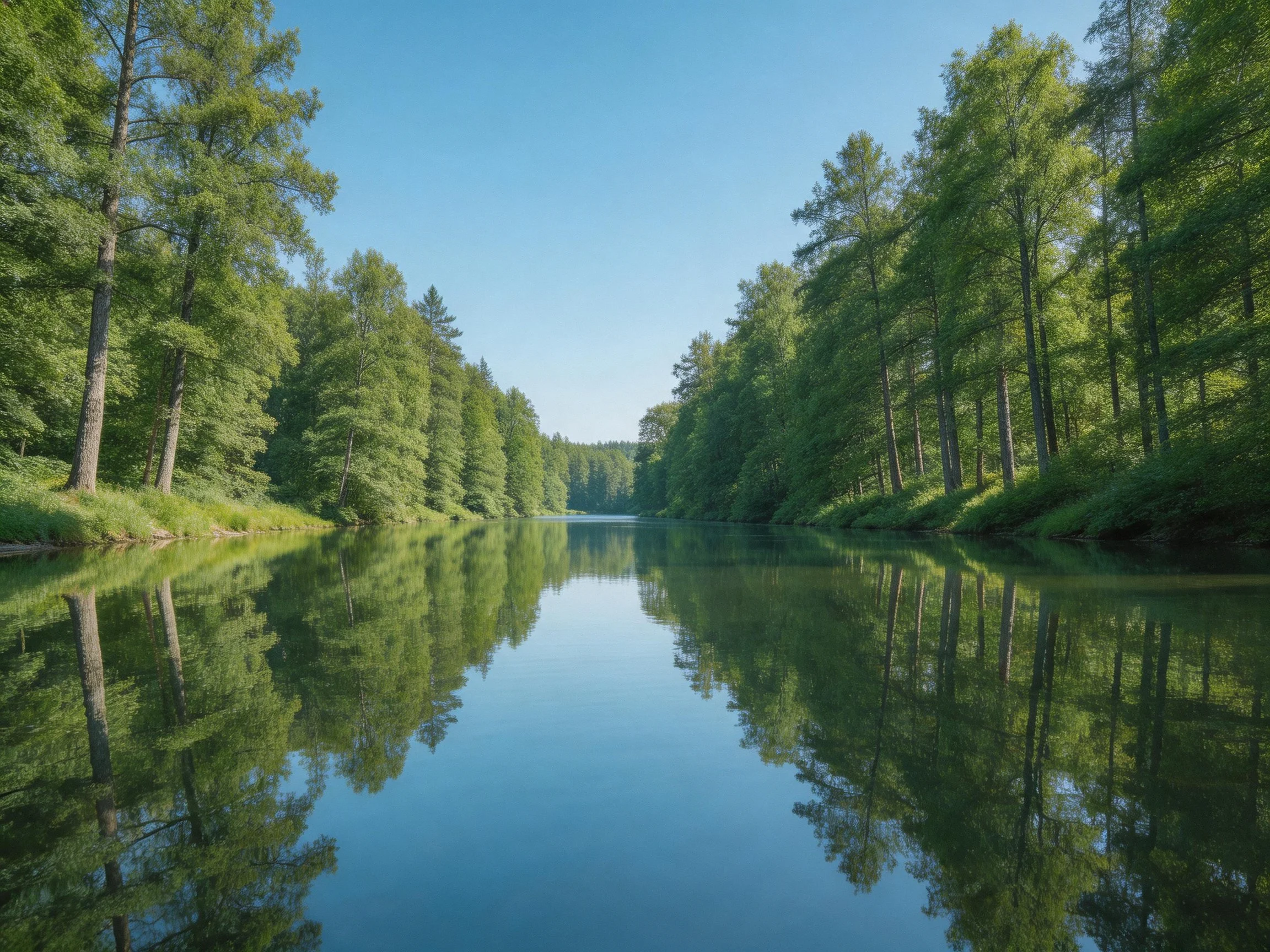 A serene river with forest reflections along both banks