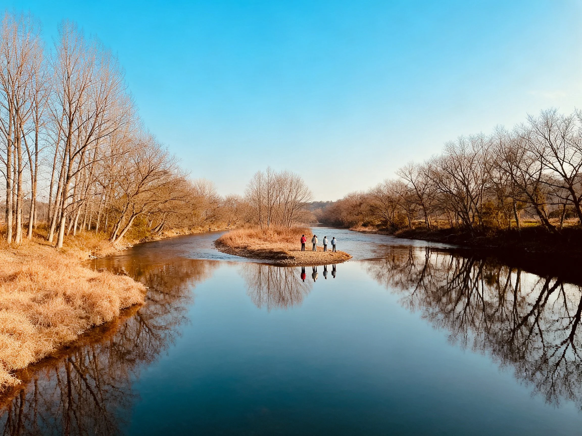 A serene river with leafless trees and four people on an island