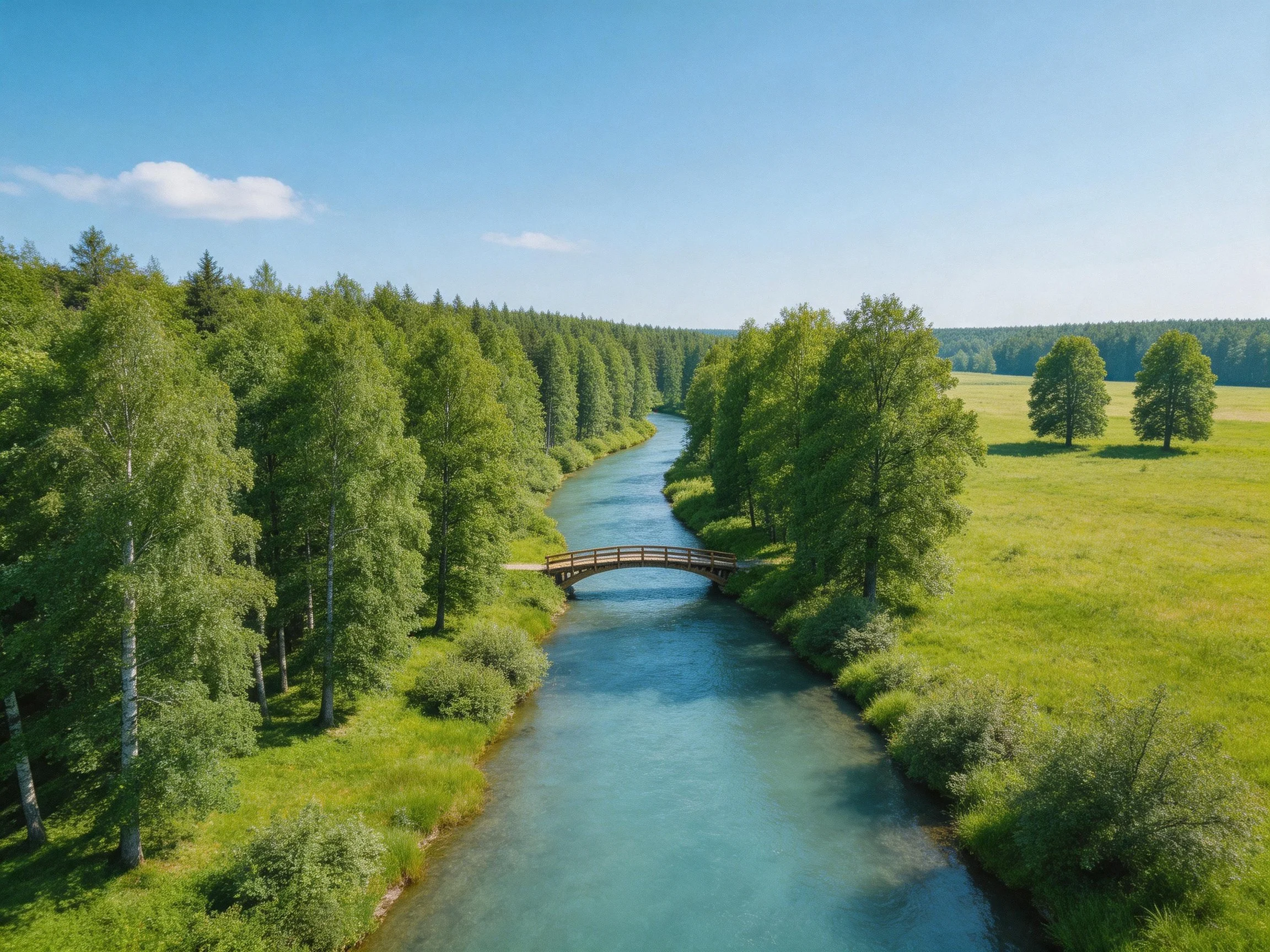 A serene river with wooden bridge, lush green forests, and open meadow