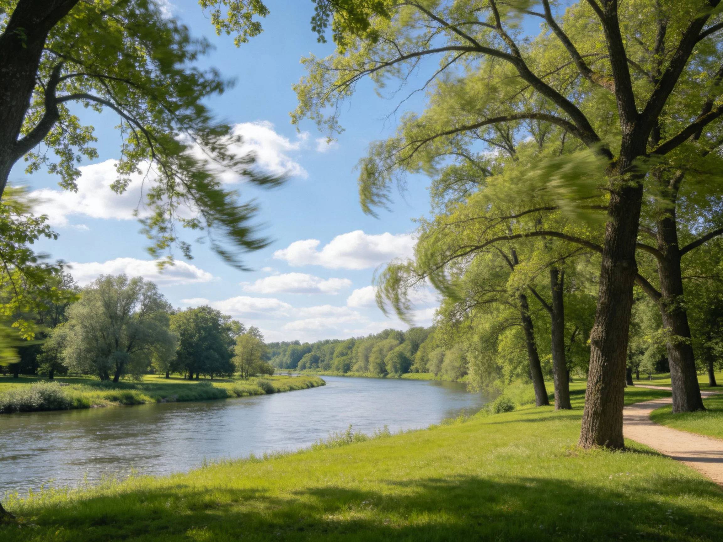 A serene riverside with lush green trees and