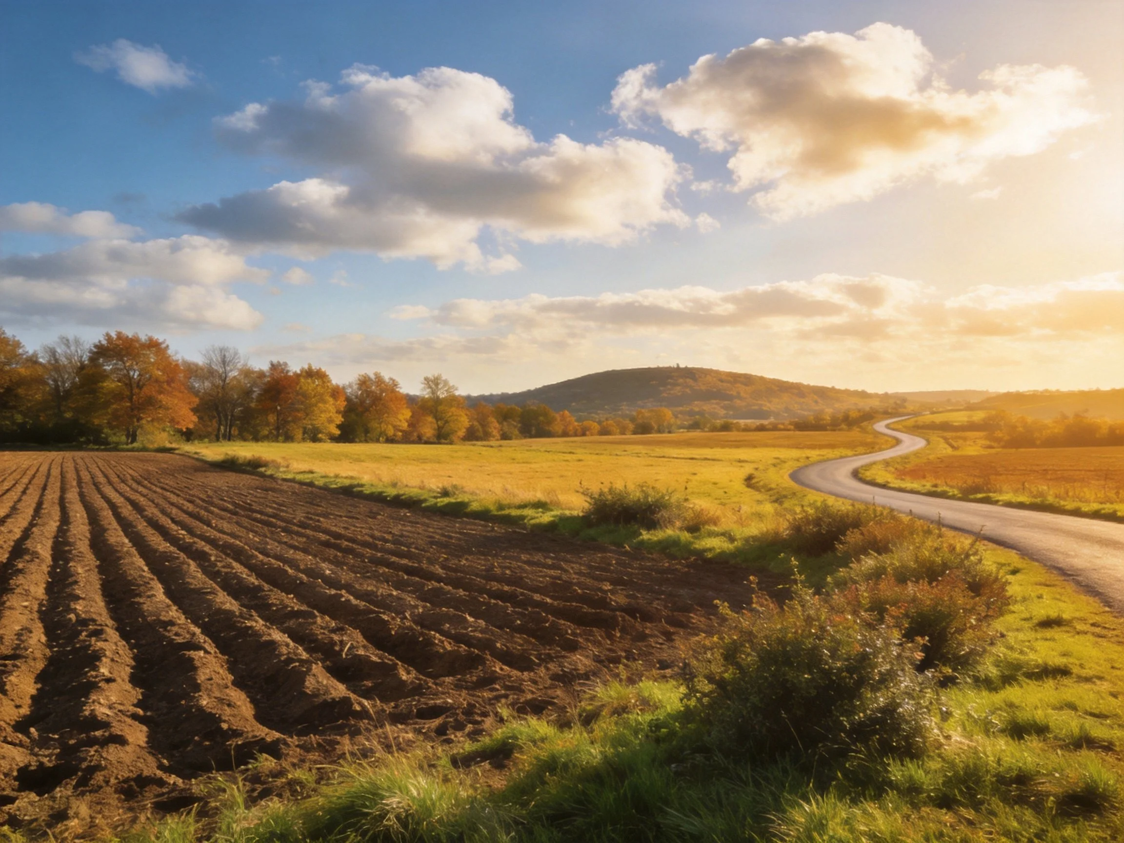 A serene rural scene with plowed field and curved road