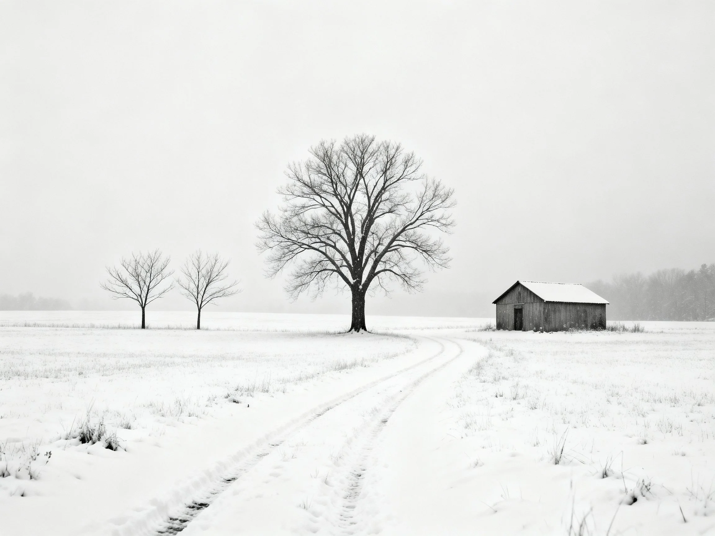 A serene snowy field with three bare trees and an old wooden shed