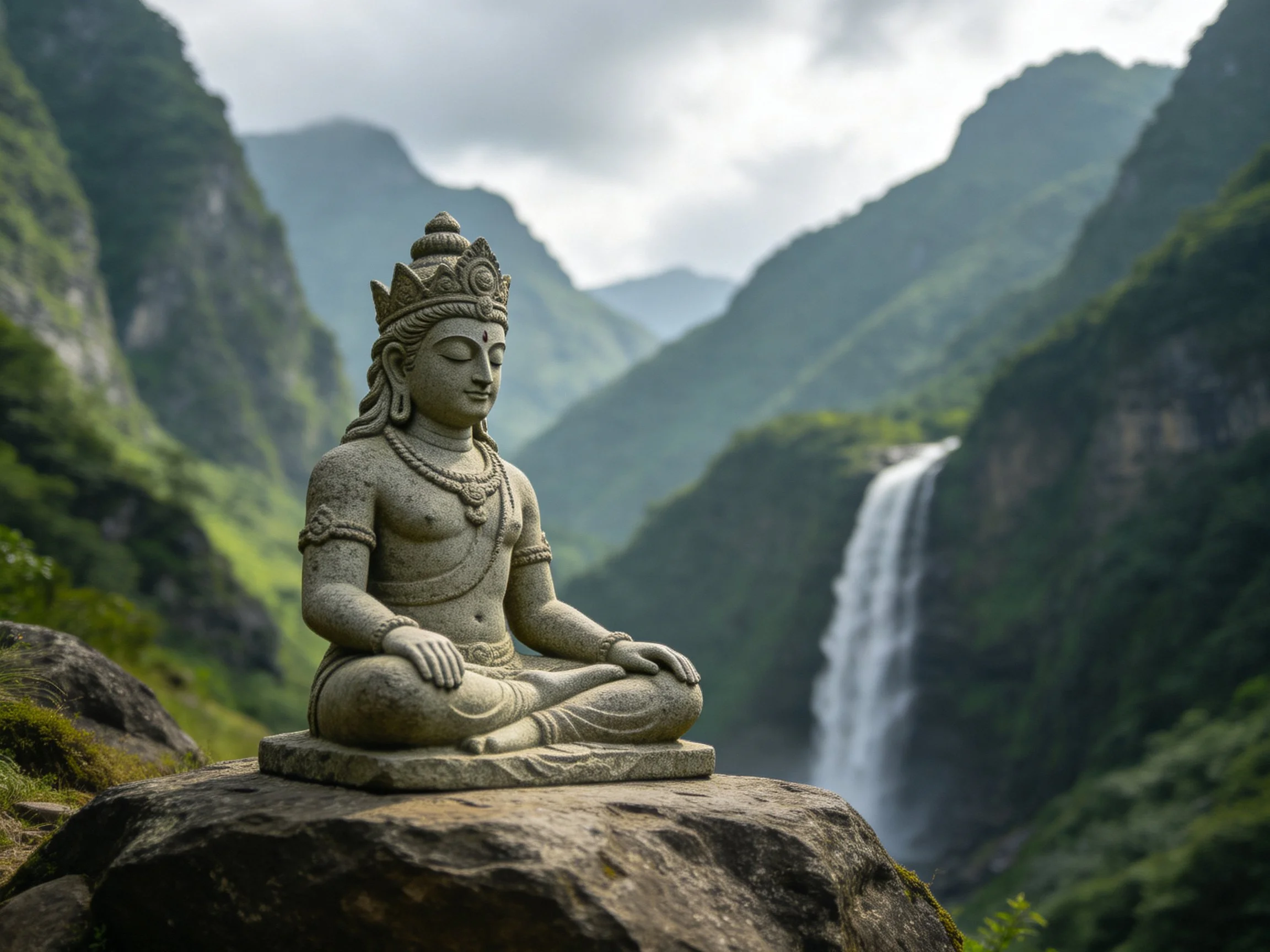 A serene stone statue meditating near a cascading waterfall among lush green mountains