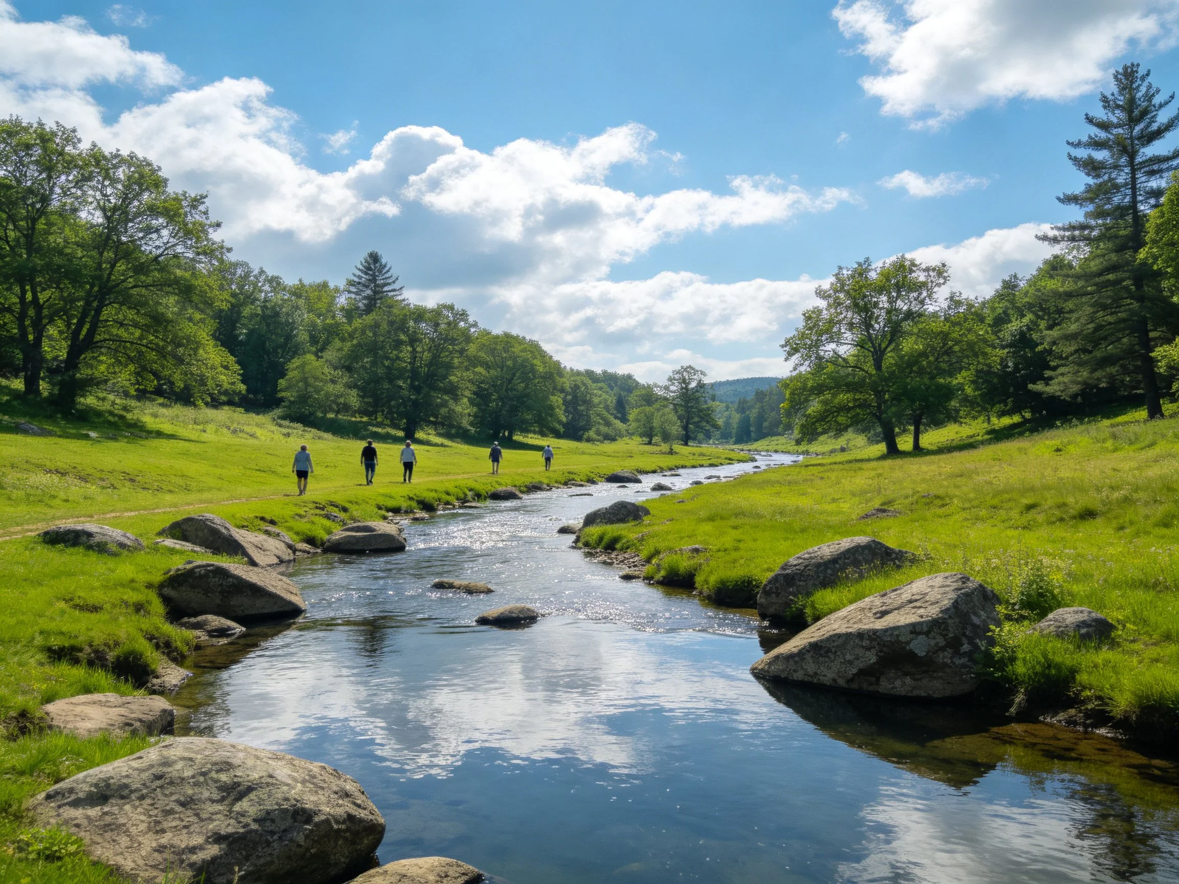 A serene stream winds through lush green fields with walkers