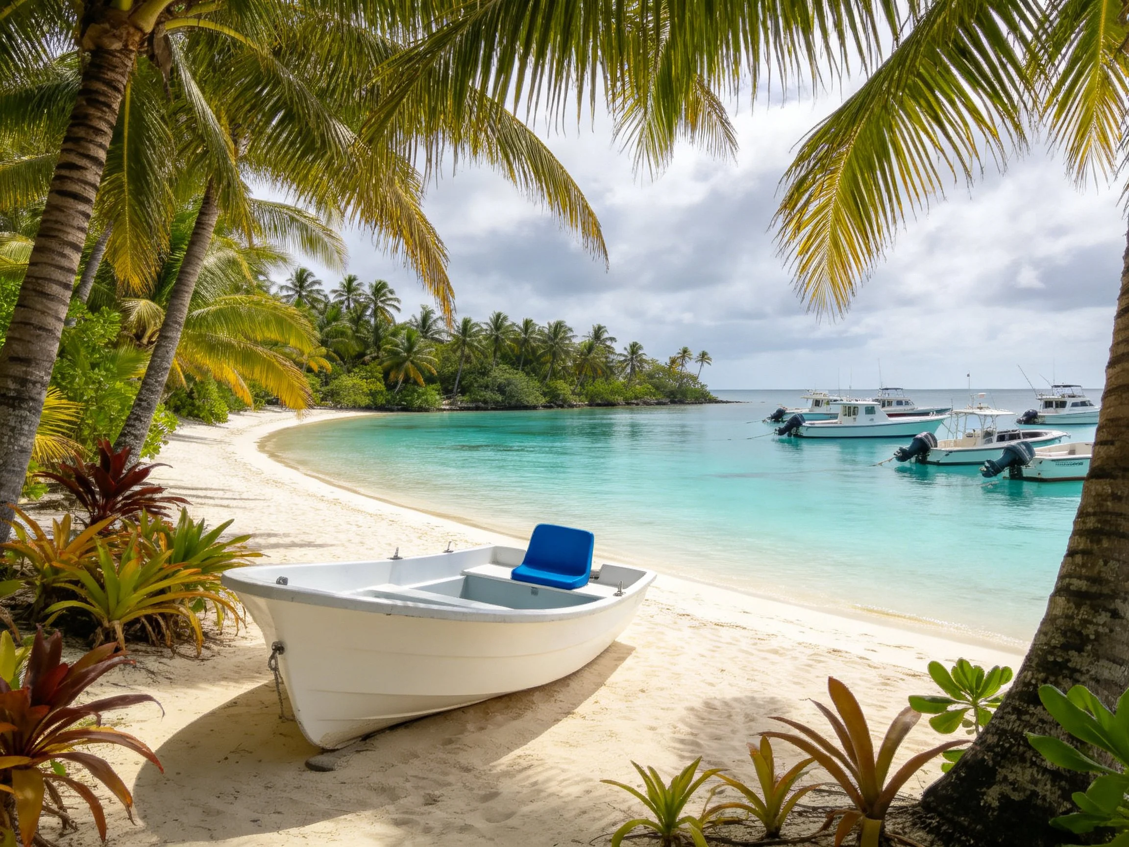A serene tropical beach with white sand, turquoise waters, and docked boats