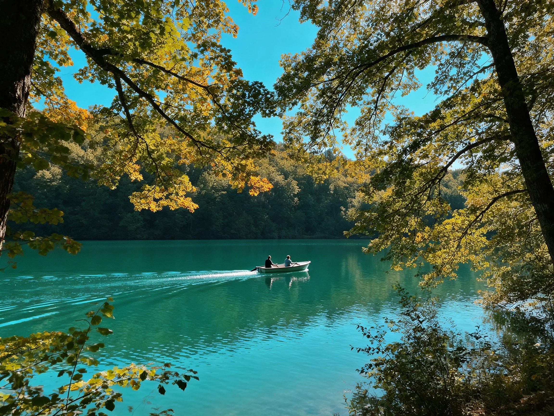 A serene turquoise lake with two people boating amid golden-hued trees