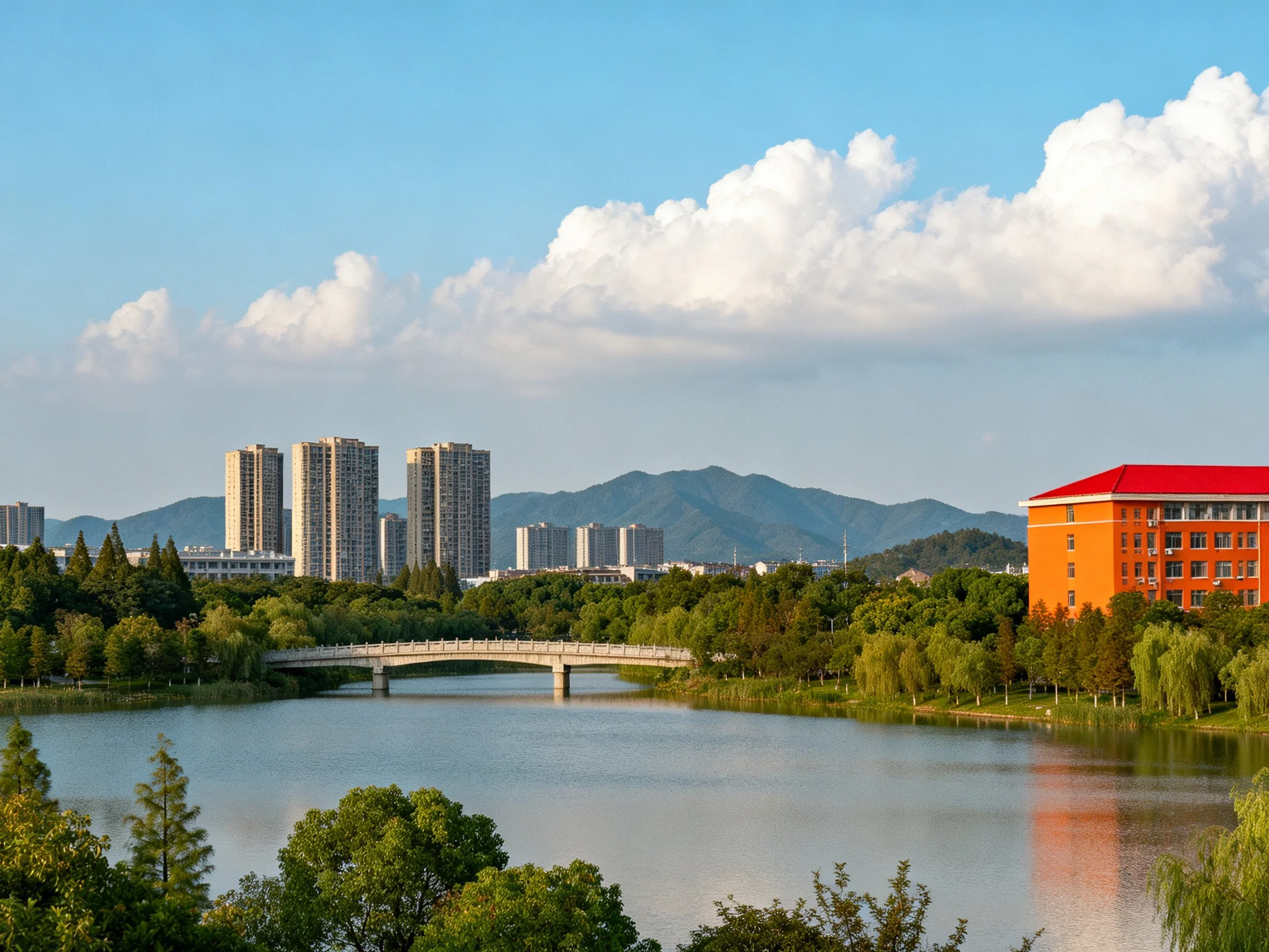 A serene urban landscape with a lake, bridge, and mountain backdrop