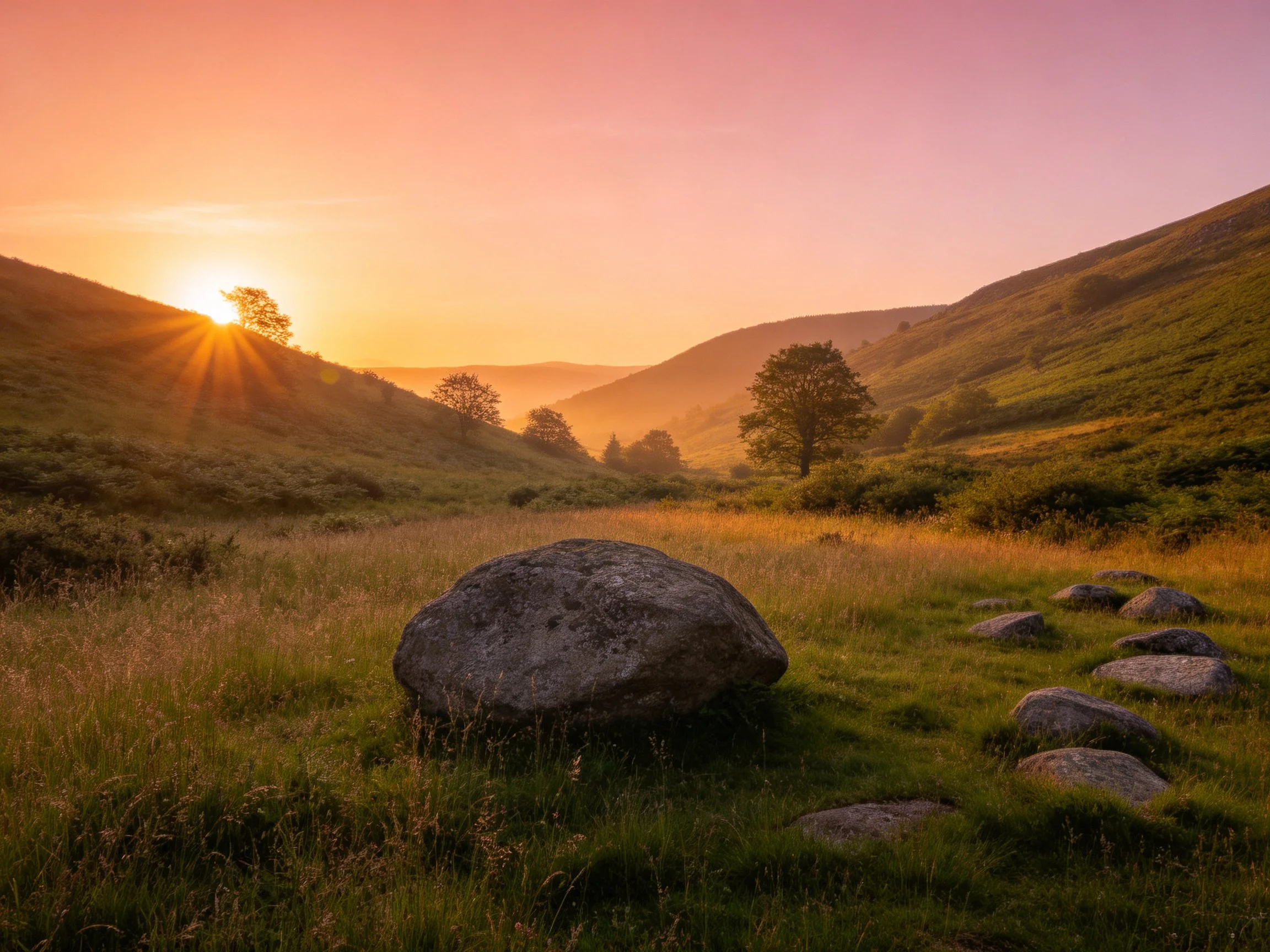 A serene valley with a massive boulder and golden sunrise