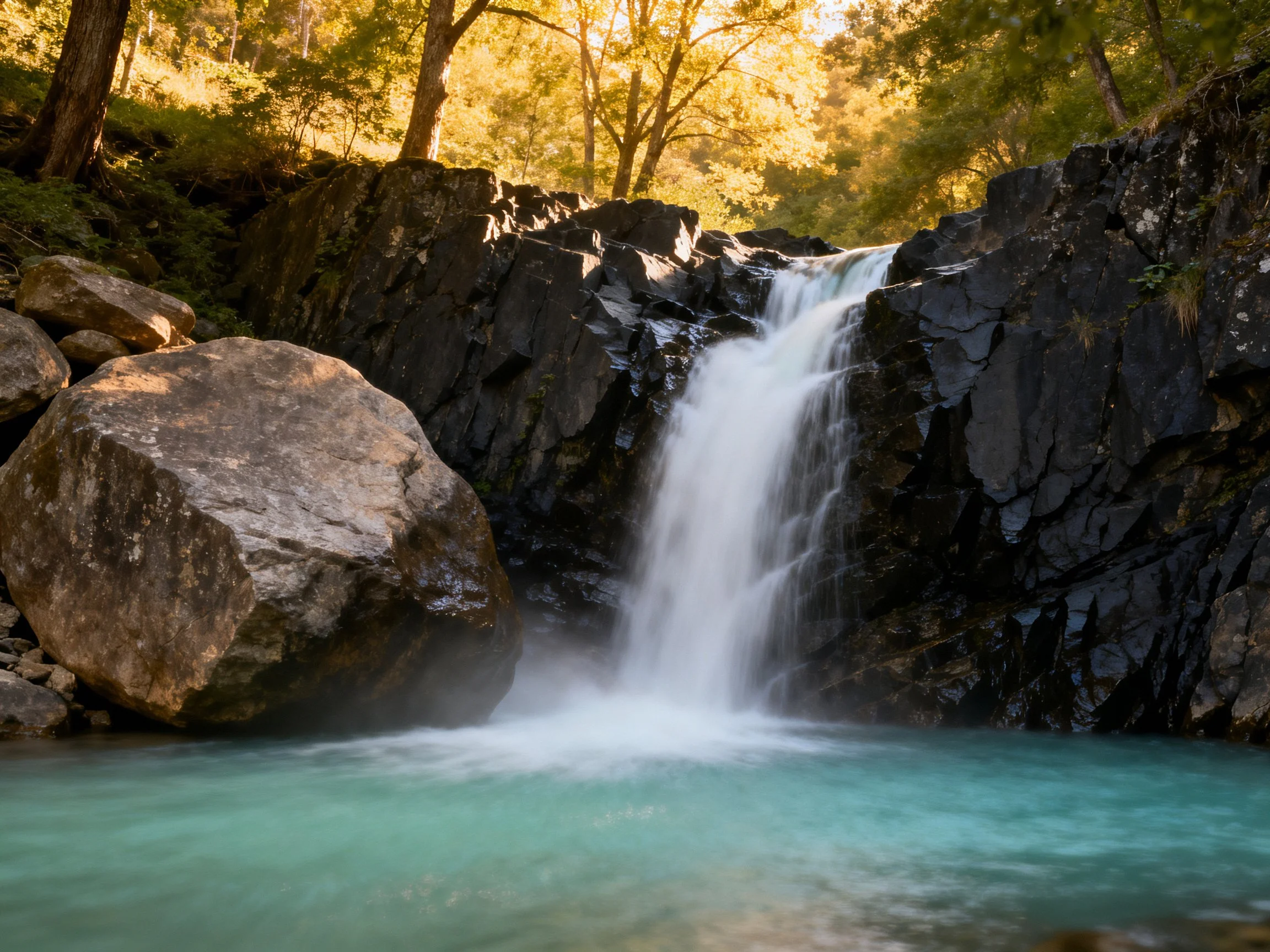A serene waterfall cascades over dark rocks into turquoise water