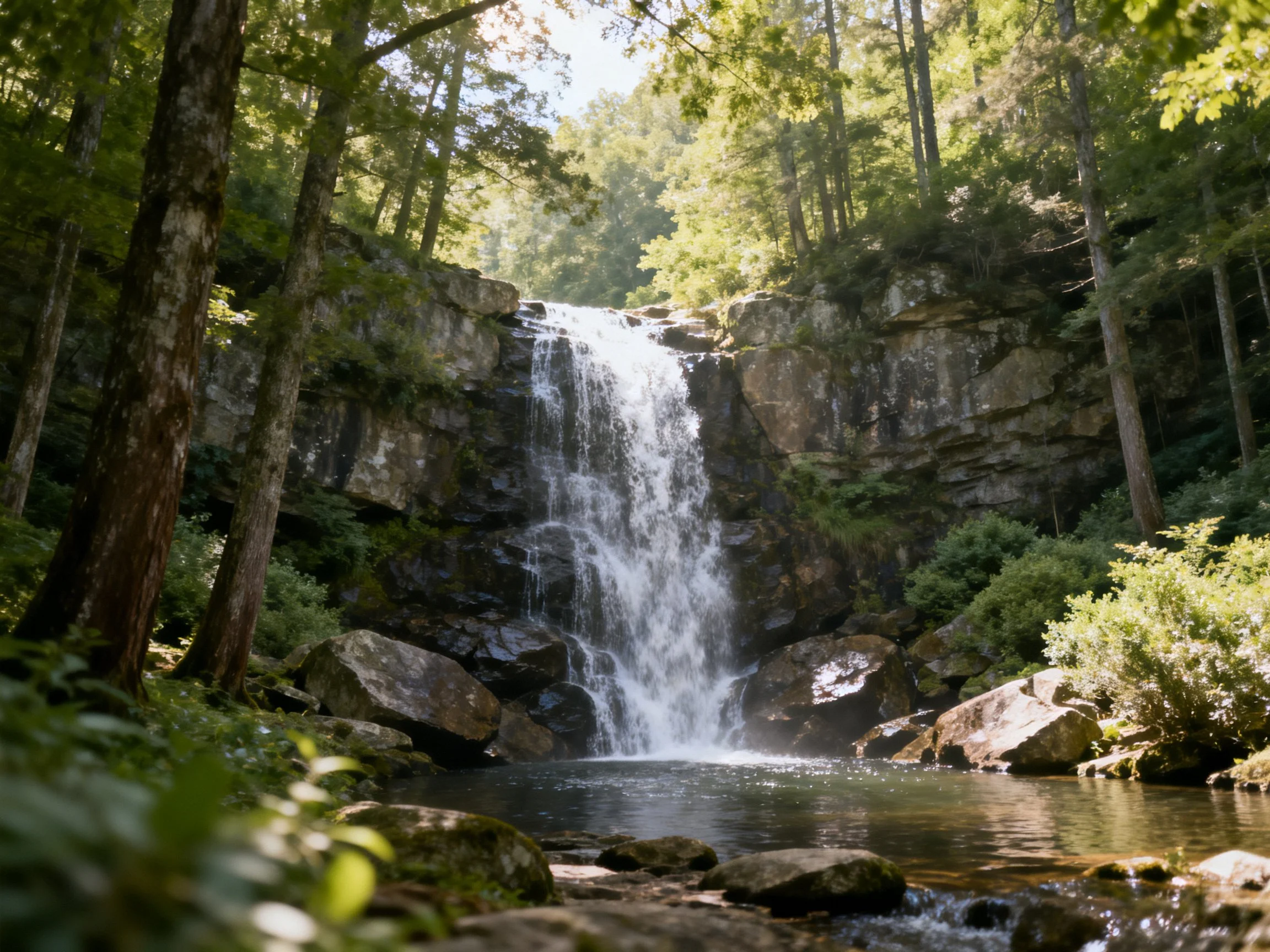 A serene waterfall cascades over rocky cliffs amid lush green trees.