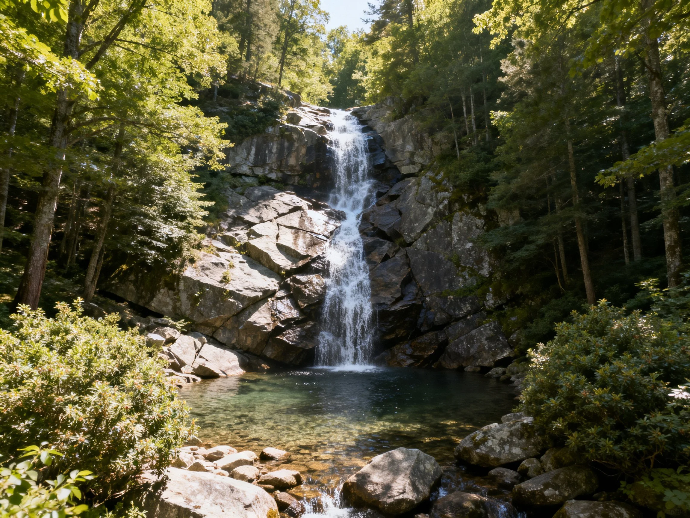 A serene waterfall cascades over rocky cliffs amid lush greenery.
