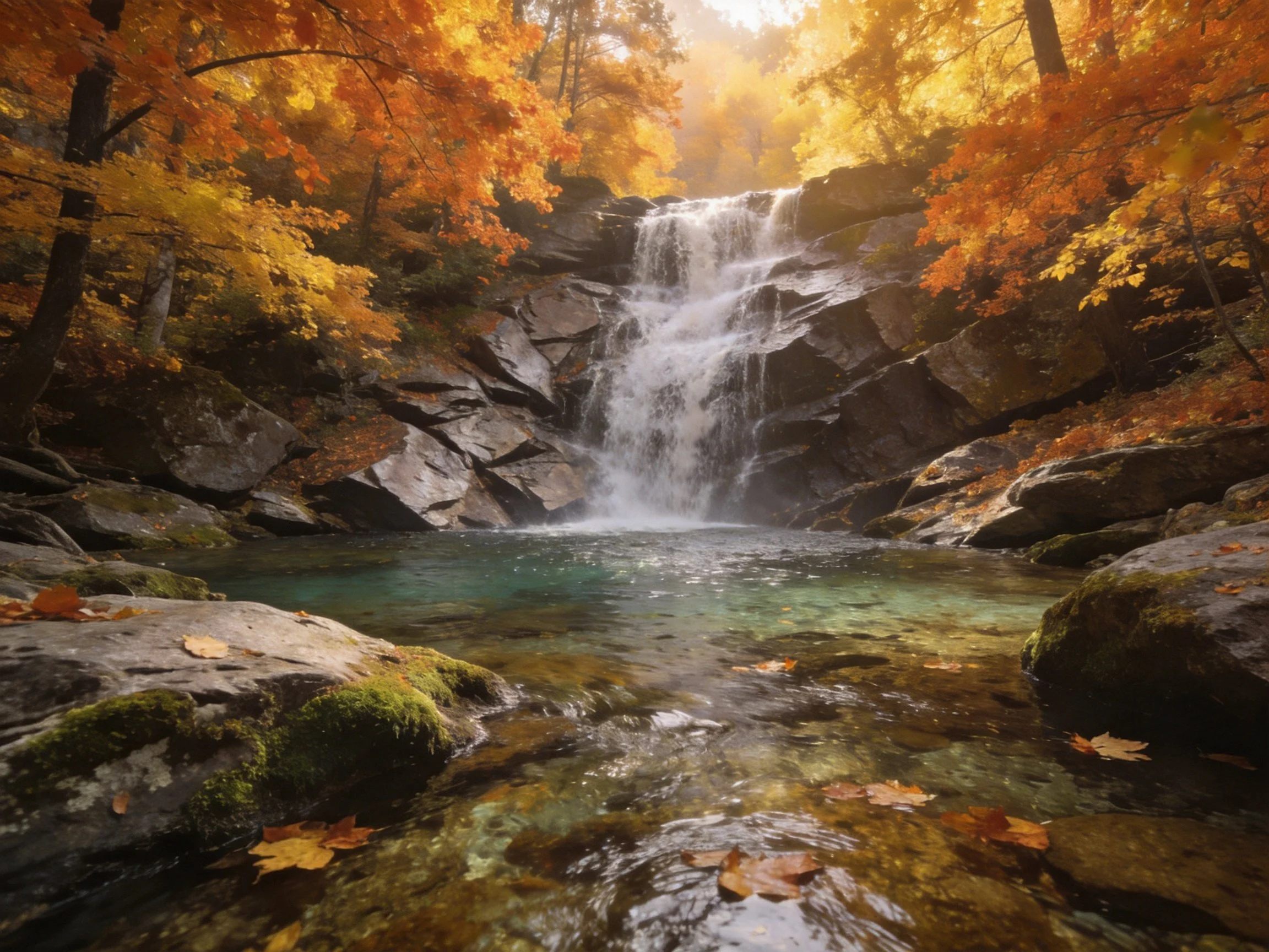 A serene waterfall surrounded by vibrant autumn trees and clear waters