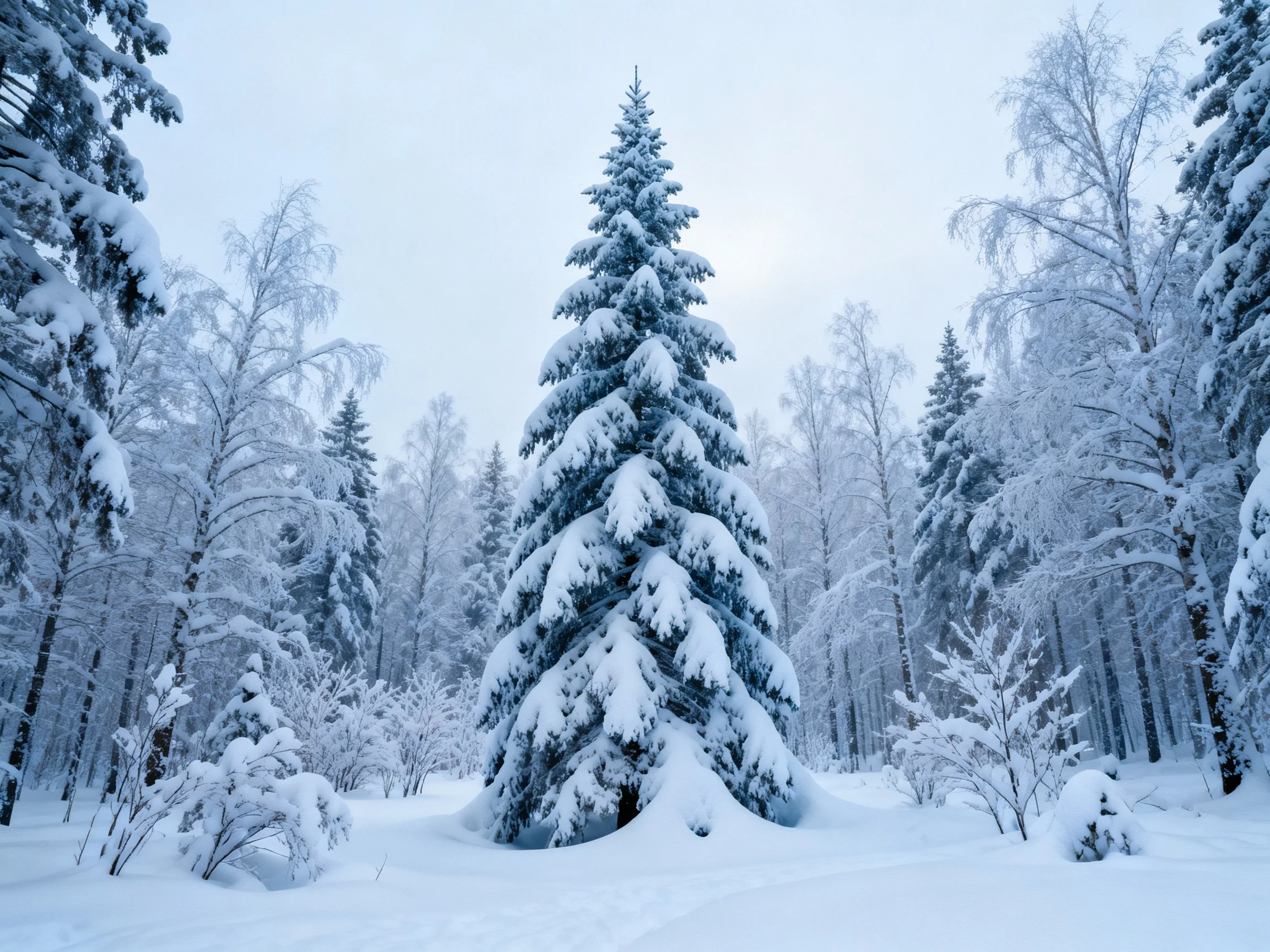 A serene winter forest with central evergreen tree covered in heavy snow