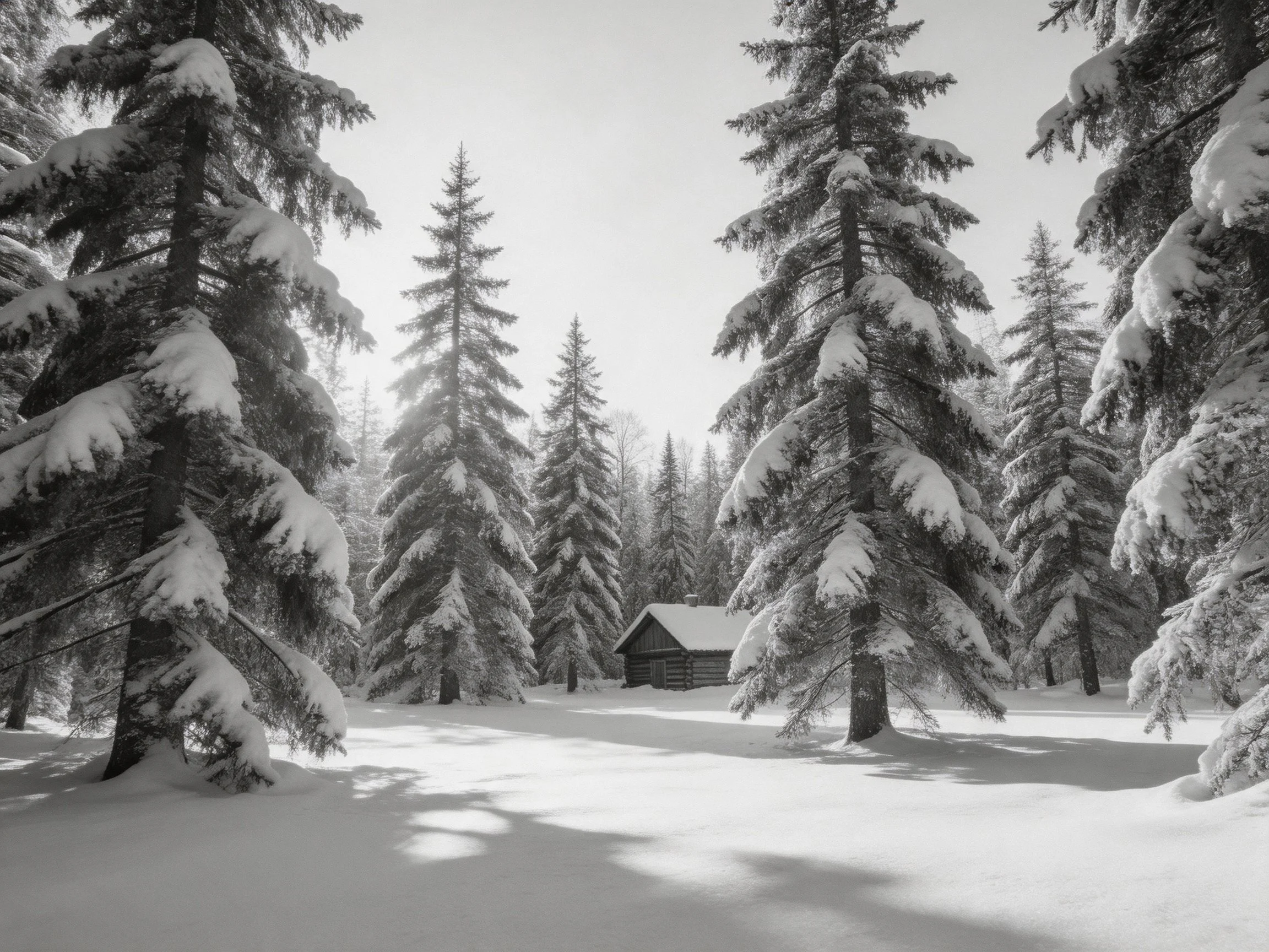A serene winter forest with snow-laden evergreens and a wooden cabin
