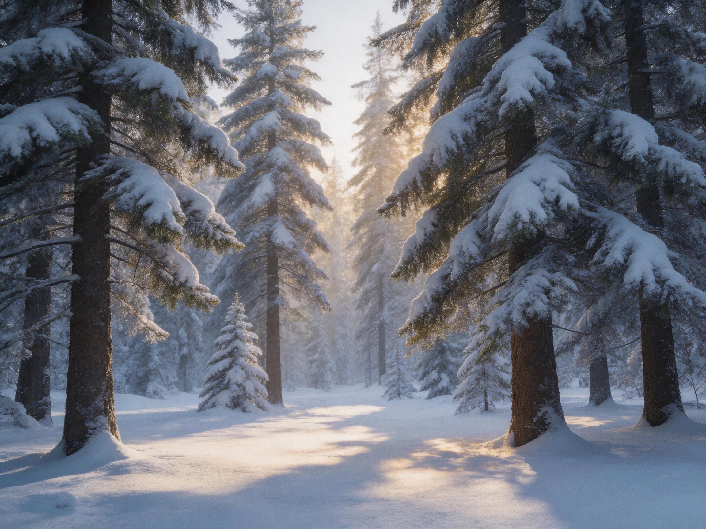 A serene winter forest with snow-laden evergreens and sunlit pathway