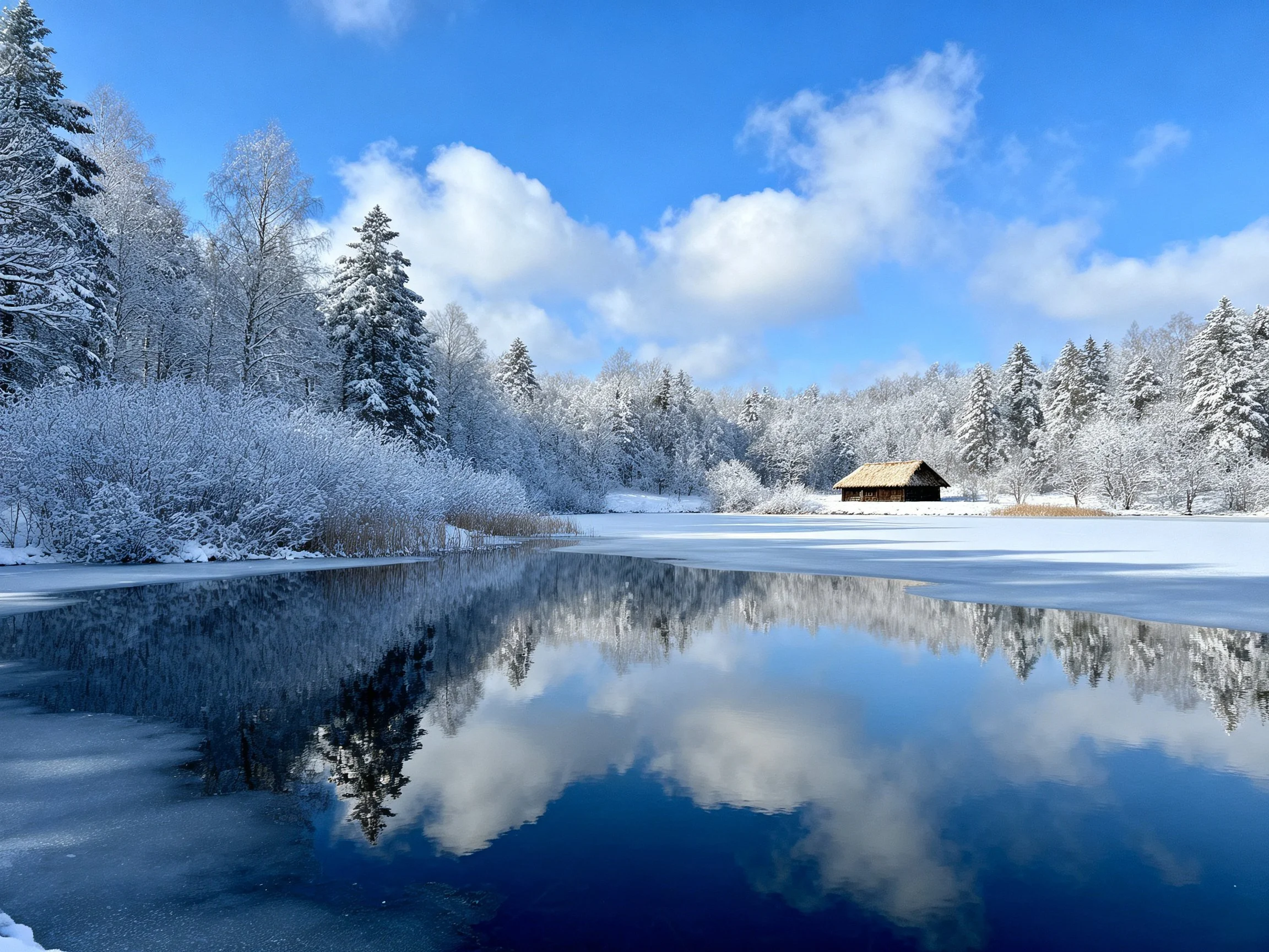 A serene winter lake scene with snow-laden trees and wooden cabin