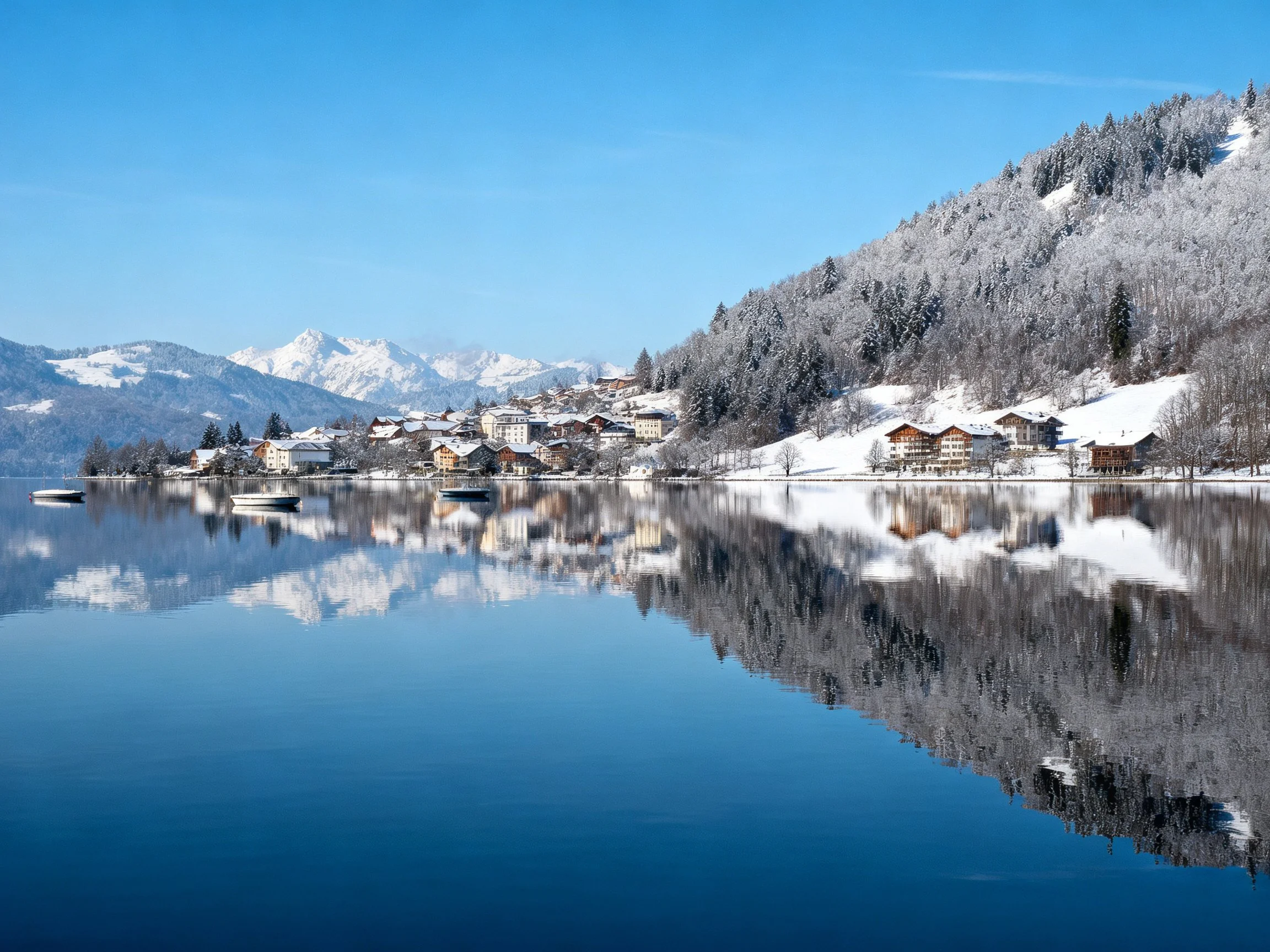 A serene winter lakeside village with snow-covered mountains