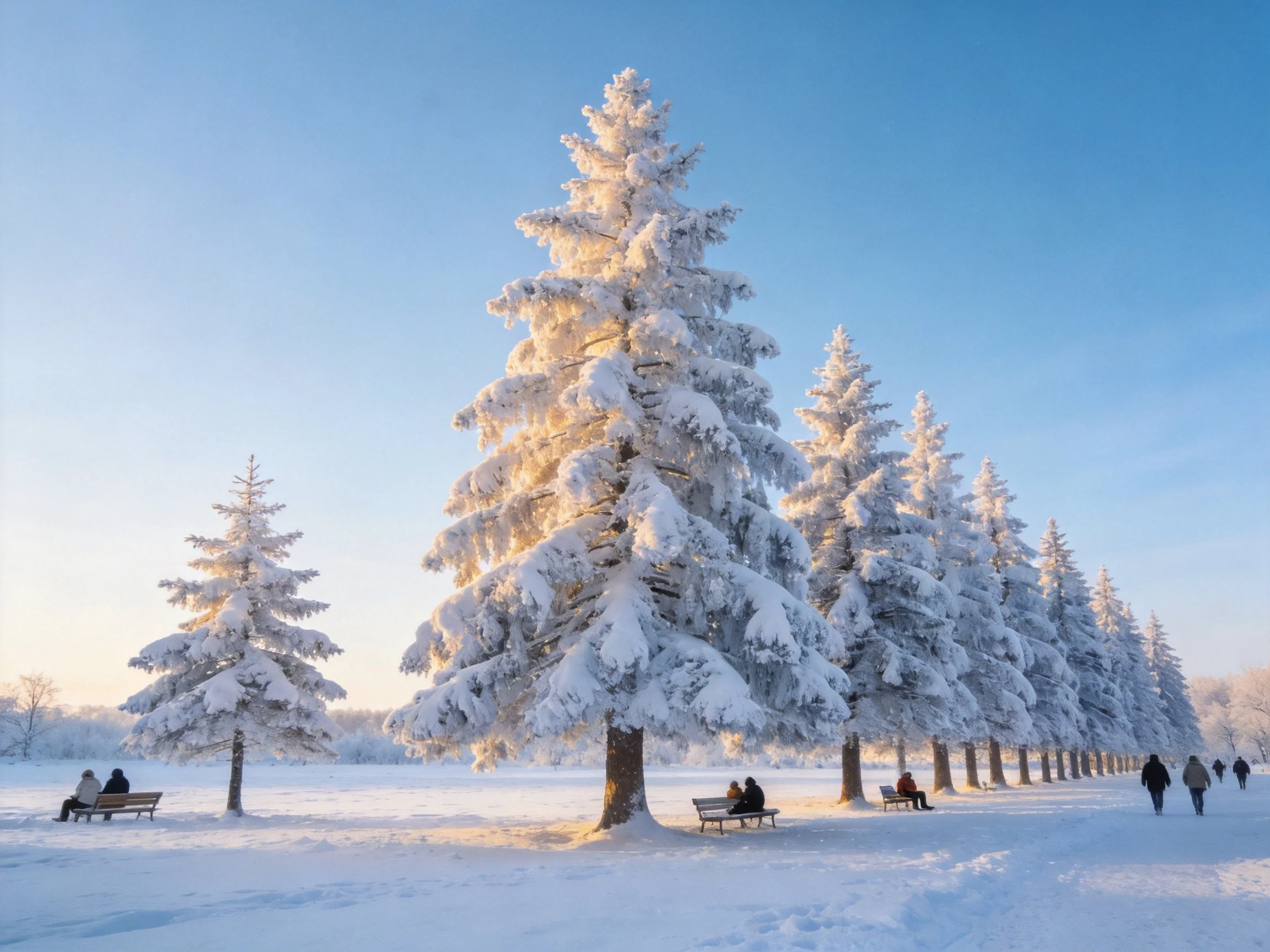 A serene winter park scene with snow-covered trees and people enjoying the snowy setting