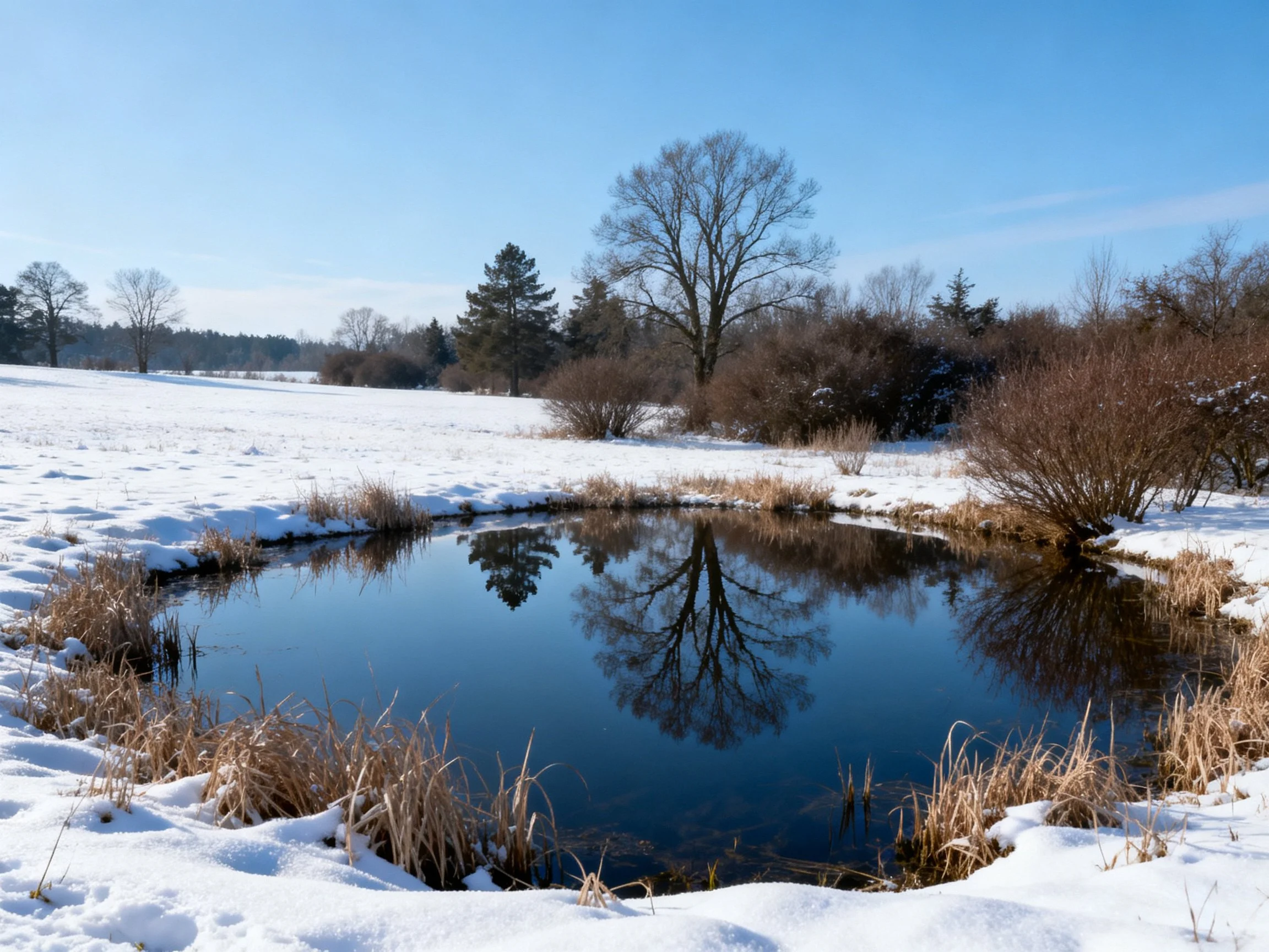 A serene winter pond reflects bare trees amid snowy fields