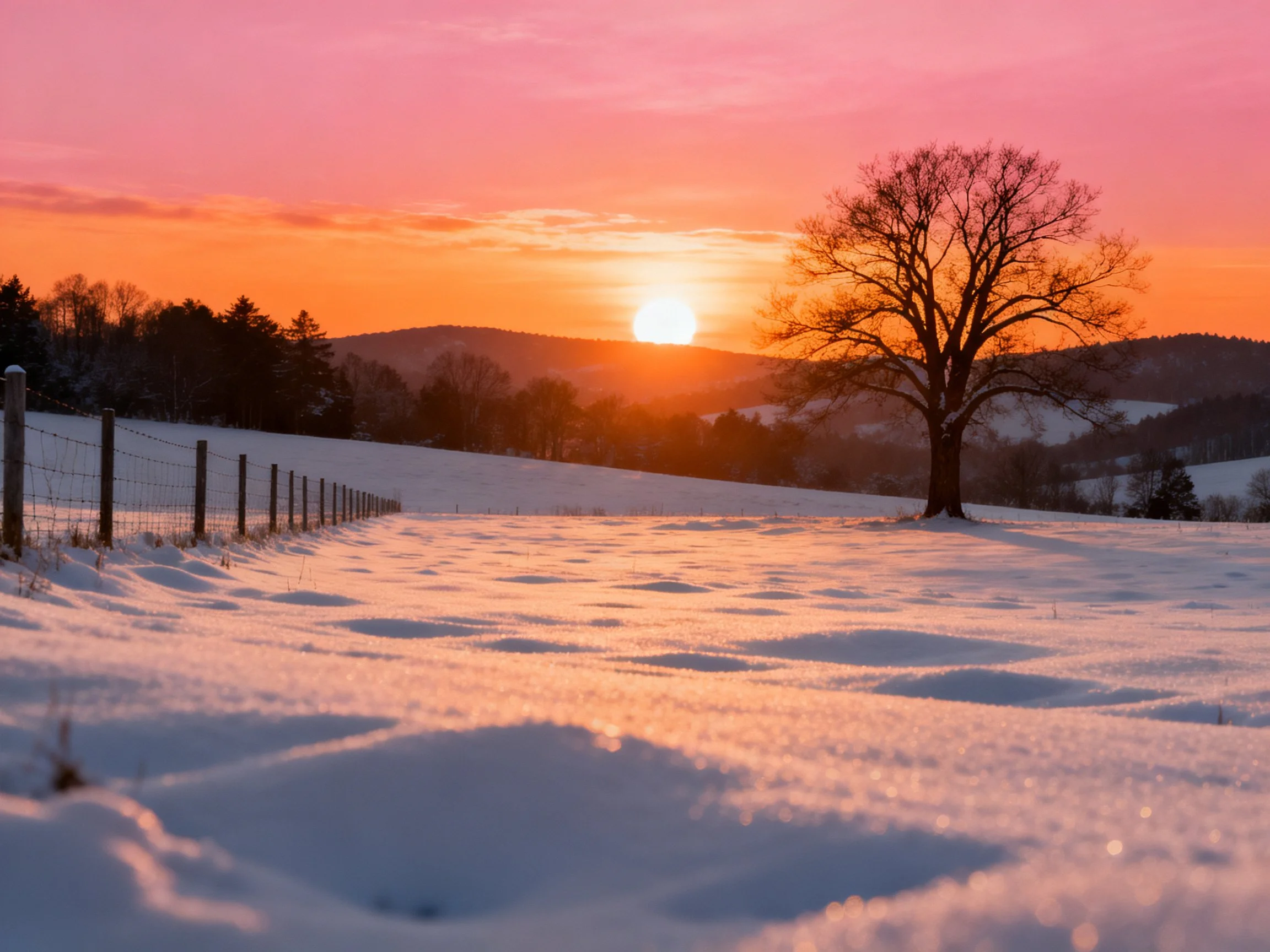 A serene winter sunset over a snow-covered field with a lone tree