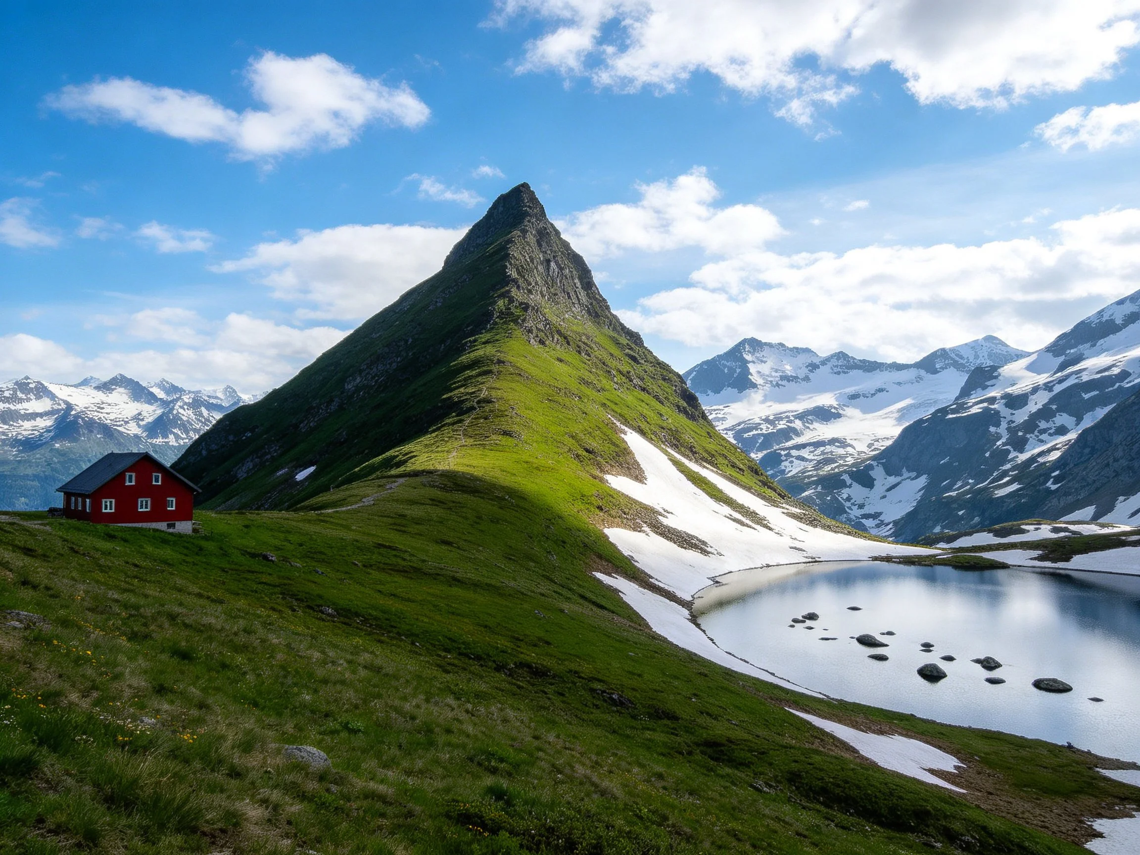 A sharp green mountain peak with red cabin and snowy slopes