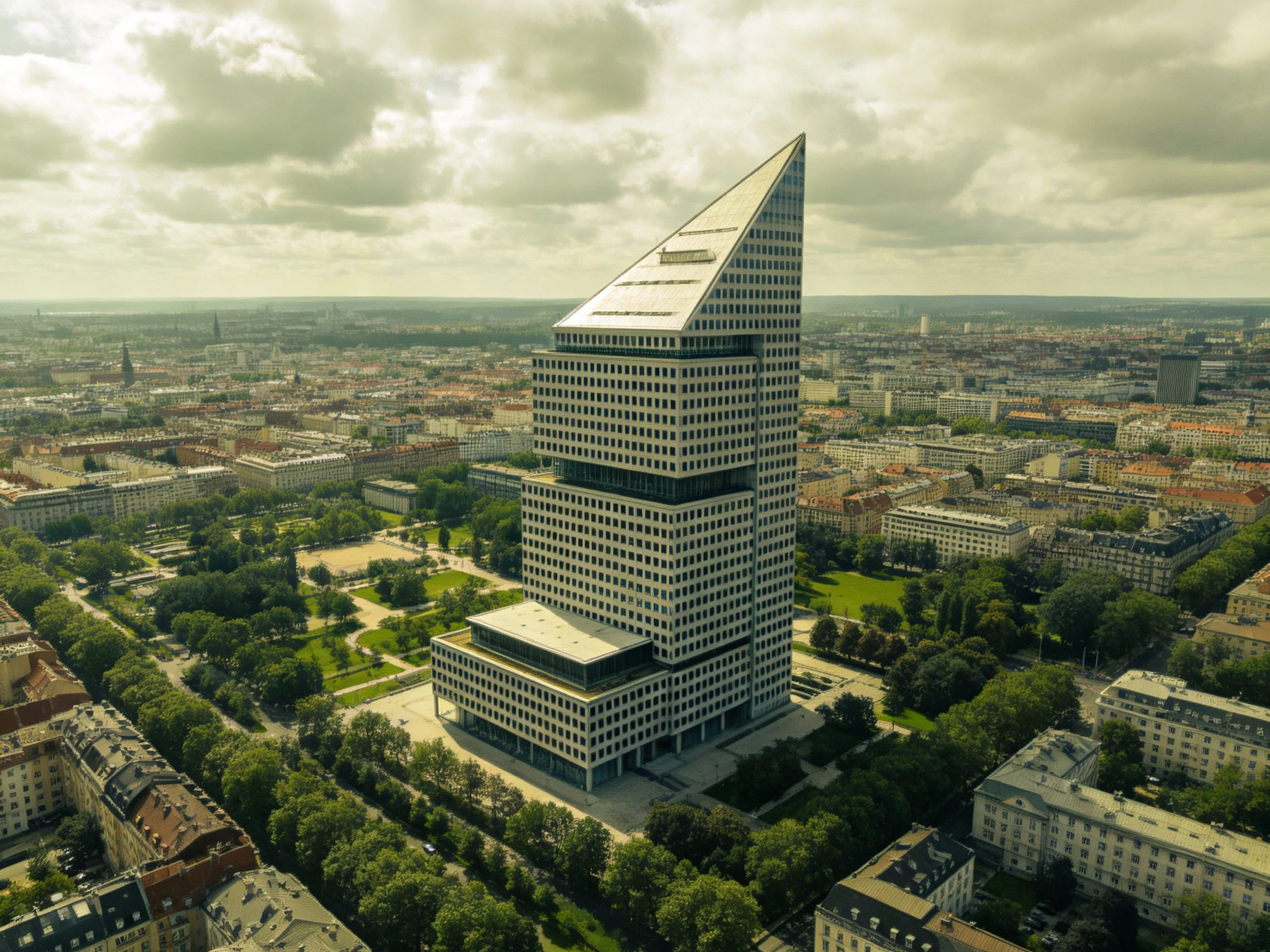 A sharply angled skyscraper stands amidst a lush urban environment.