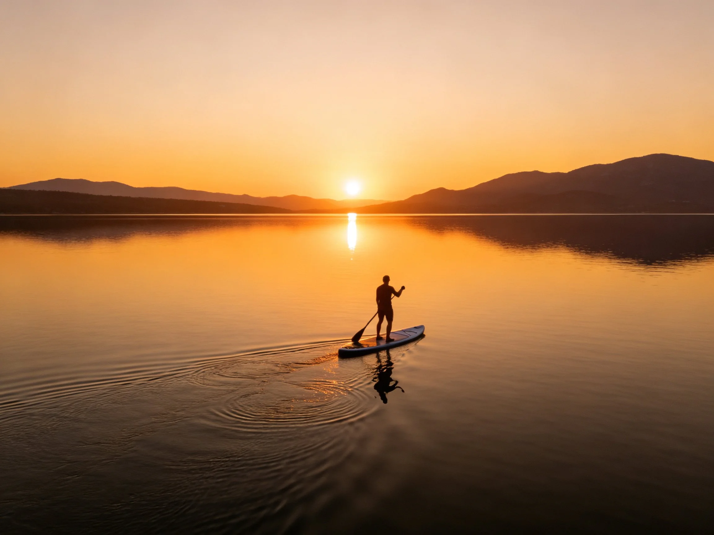 A silhouetted figure paddleboards on calm waters during golden sunset