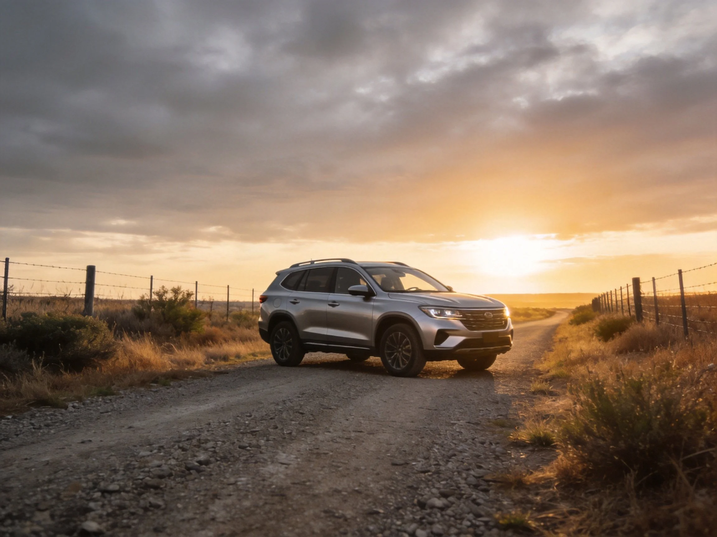 A silver SUV traveling on a gravel path at sunset