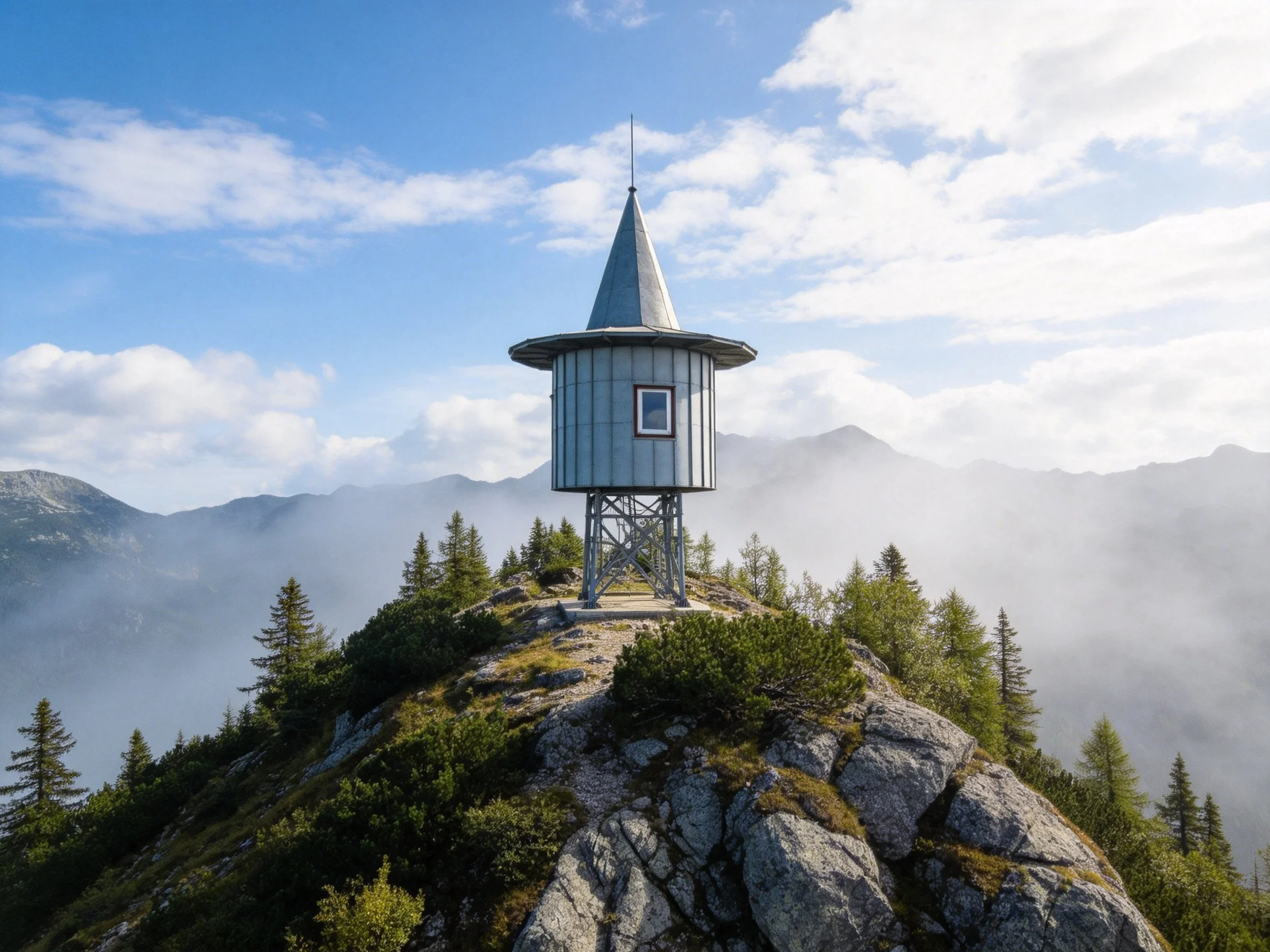 A silver observation tower atop a rocky mountaintop with evergreen trees