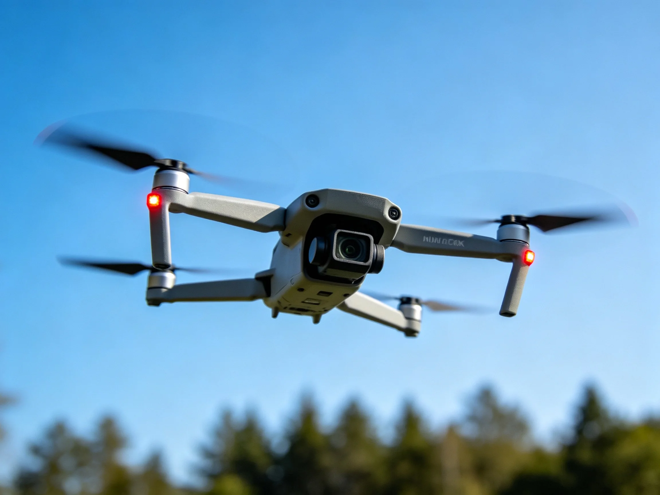 A silver quadcopter drone flying against a clear blue sky