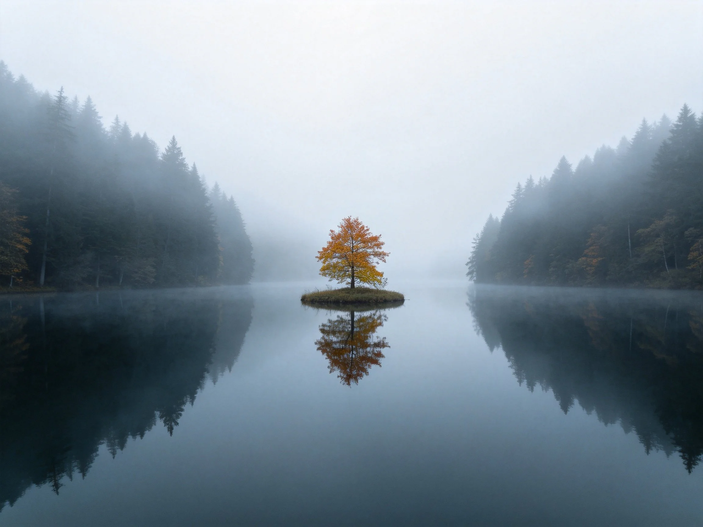 A single autumn tree on a misty lake island