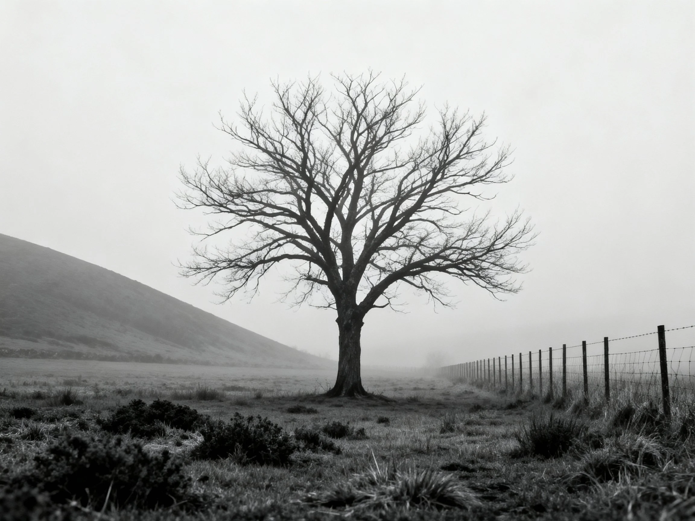 A single bare tree near a foggy fence with a sloping hillside