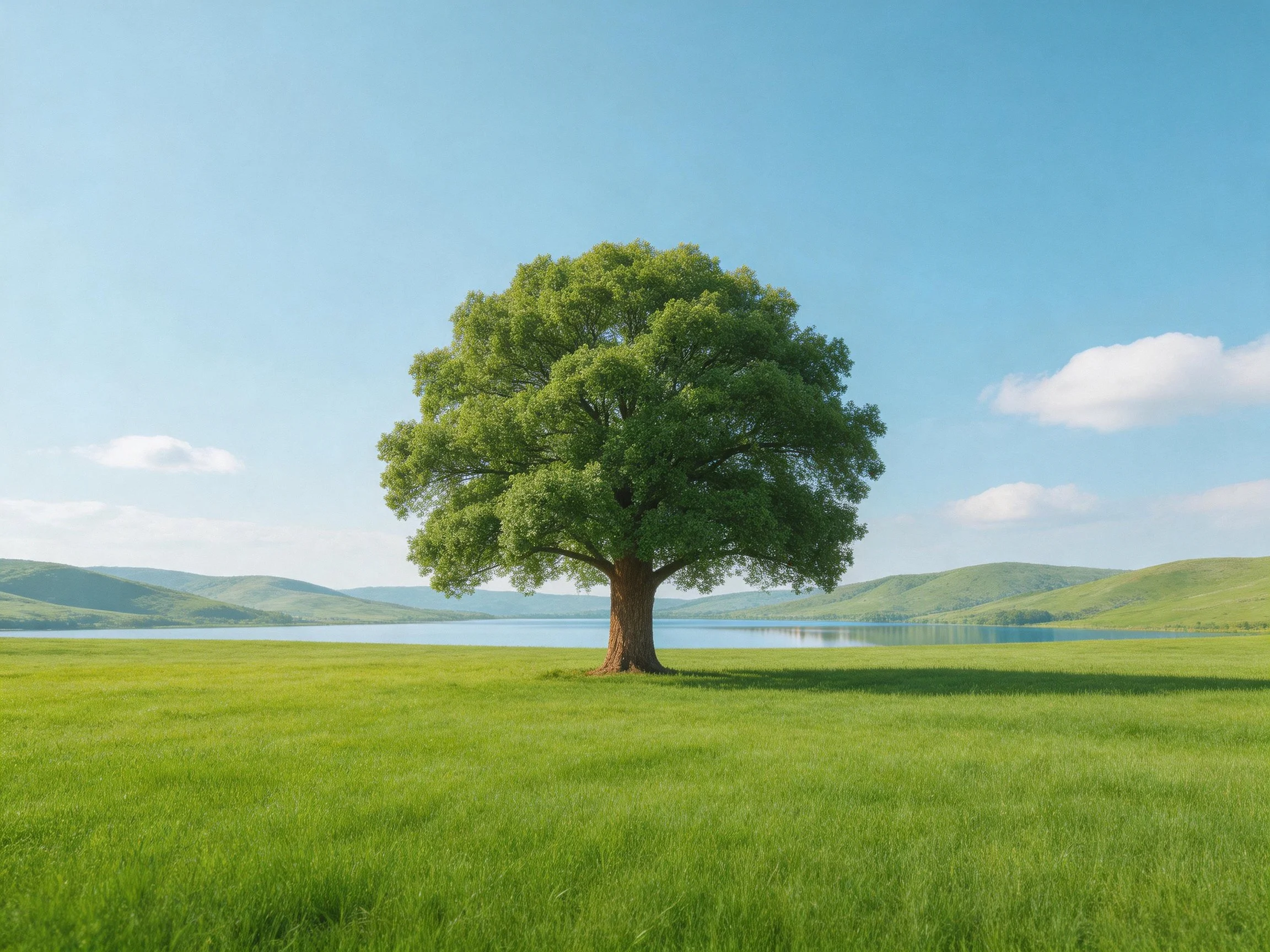 A single broad tree in a verdant meadow beside tranquil waters