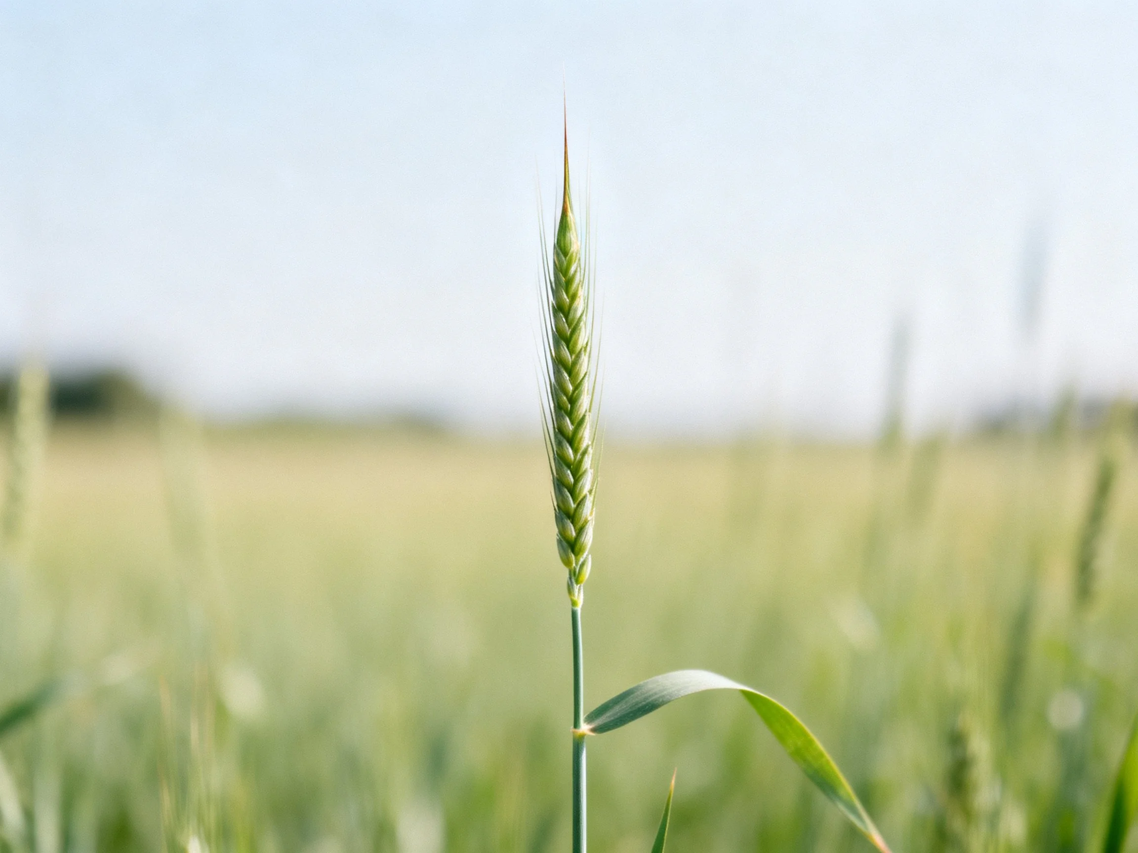 A single green wheat spike stands tall in an open field