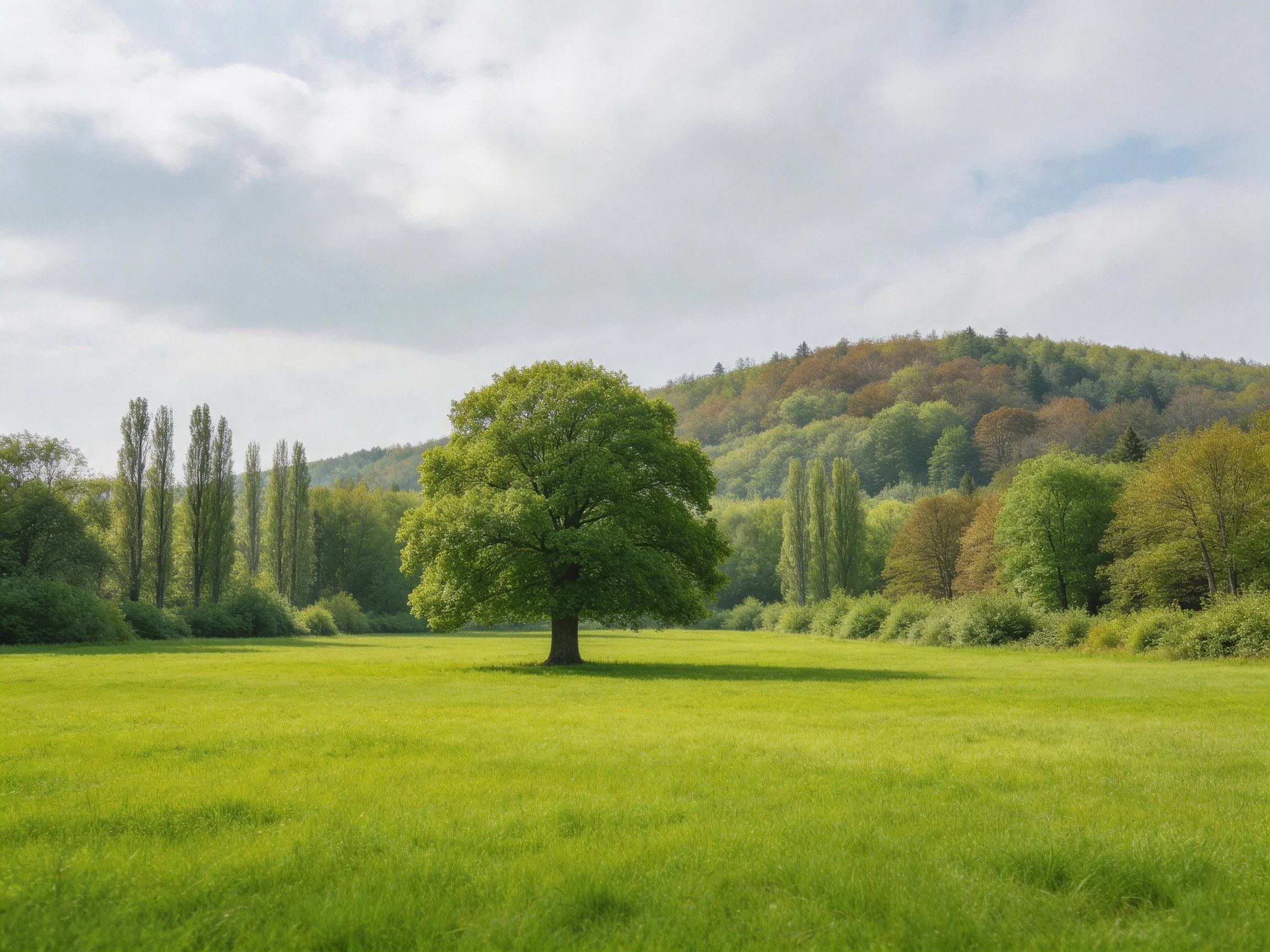 A single large tree stands in an expansive green meadow near a forested hill.