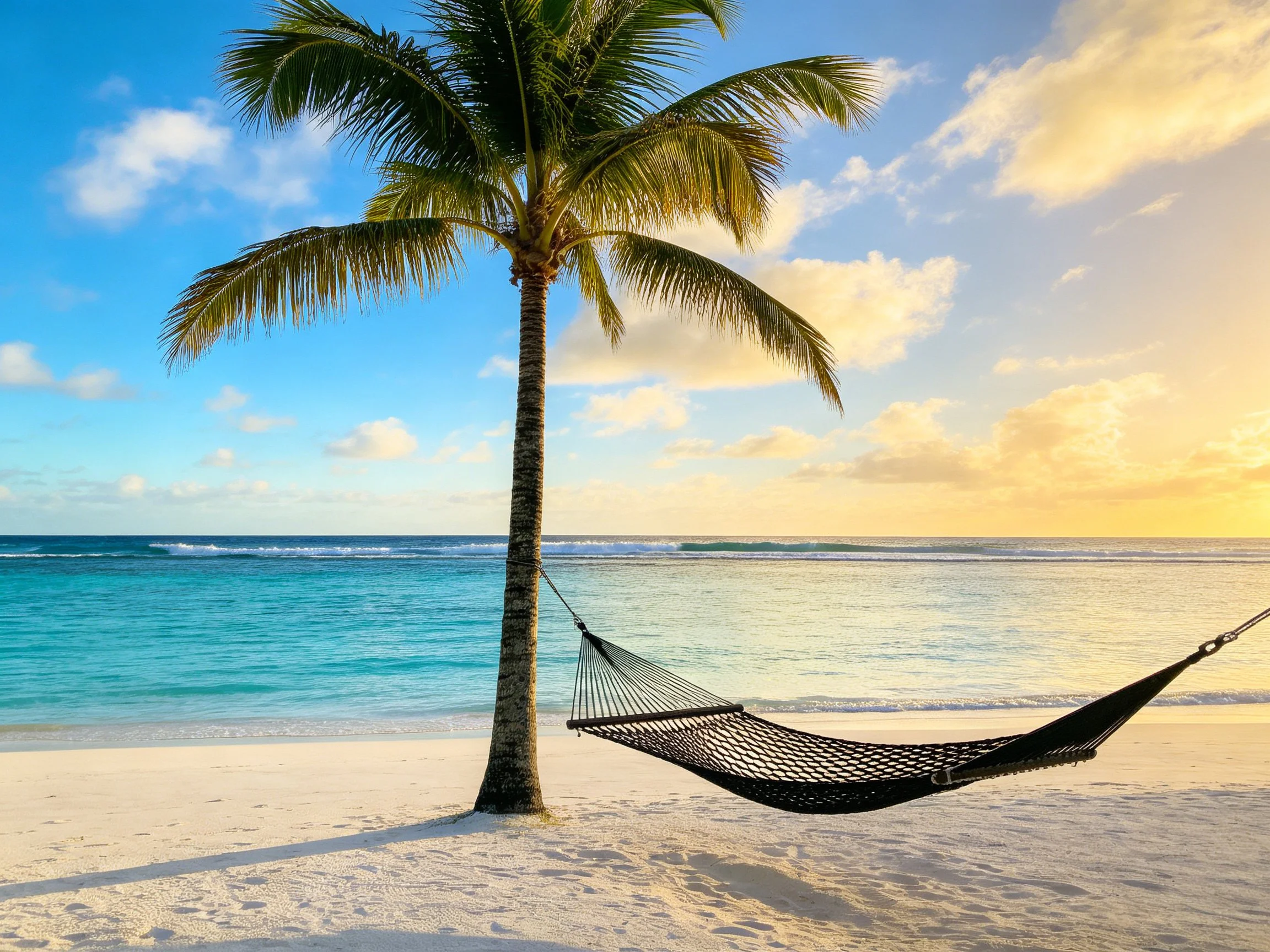 A single palm tree stands beside a black hammock on white sand near turquoise water
