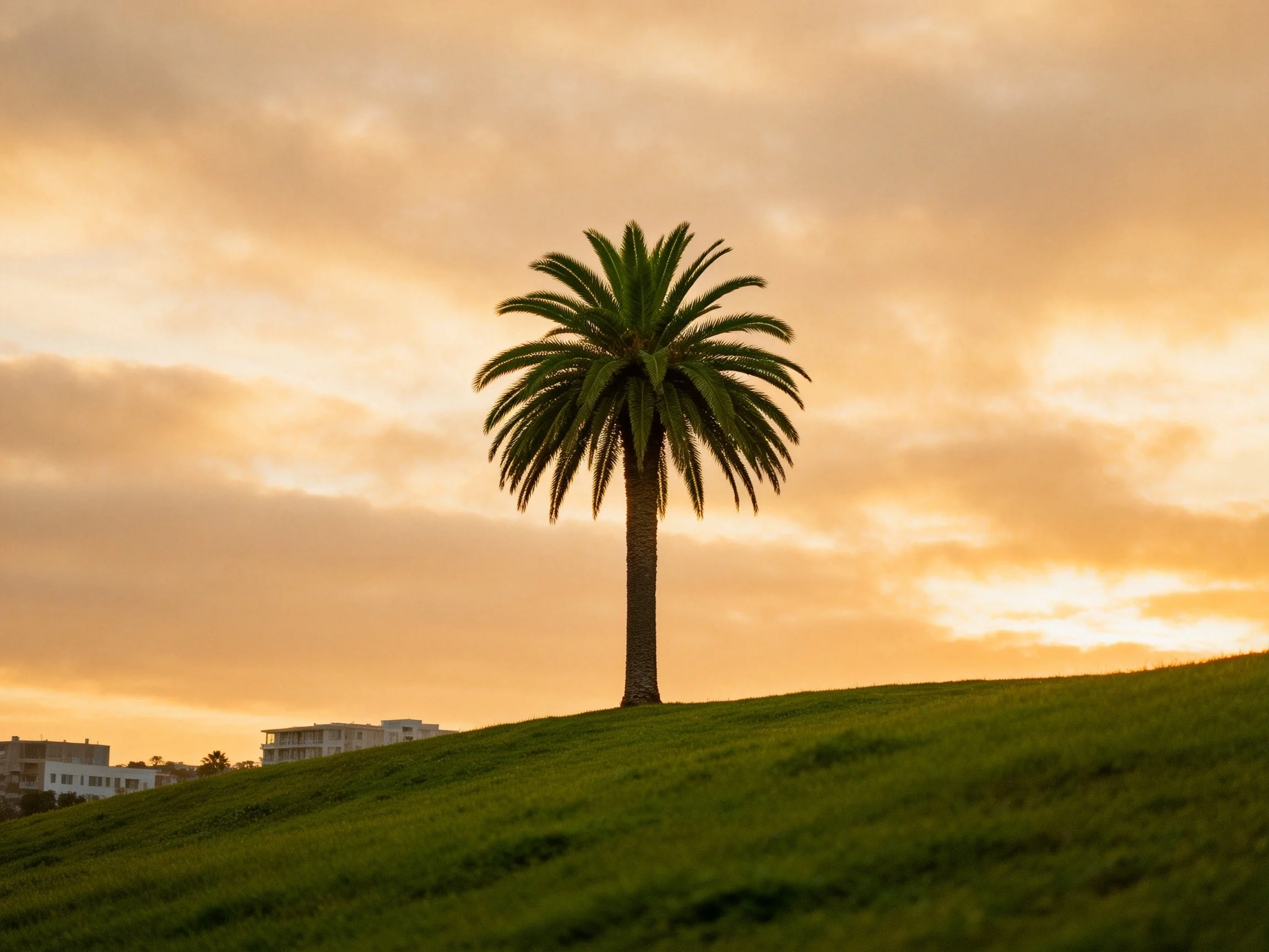 A single palm tree stands on a grassy hill beneath a golden sunset sky.