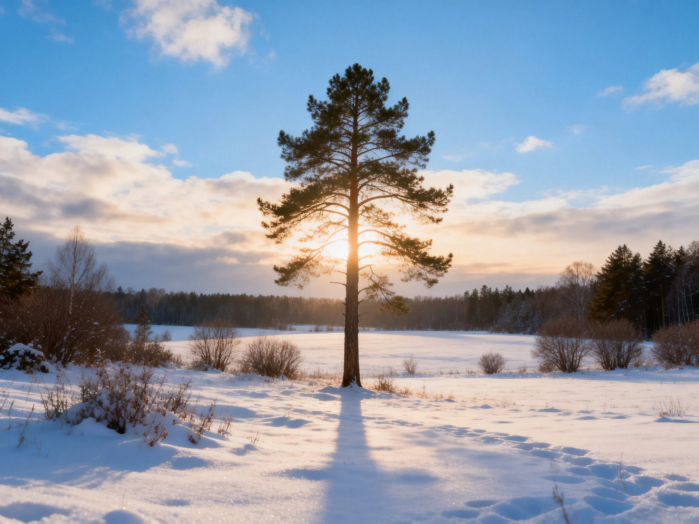 A single pine tree stands in a snow - covered field beneath a bright blue sky