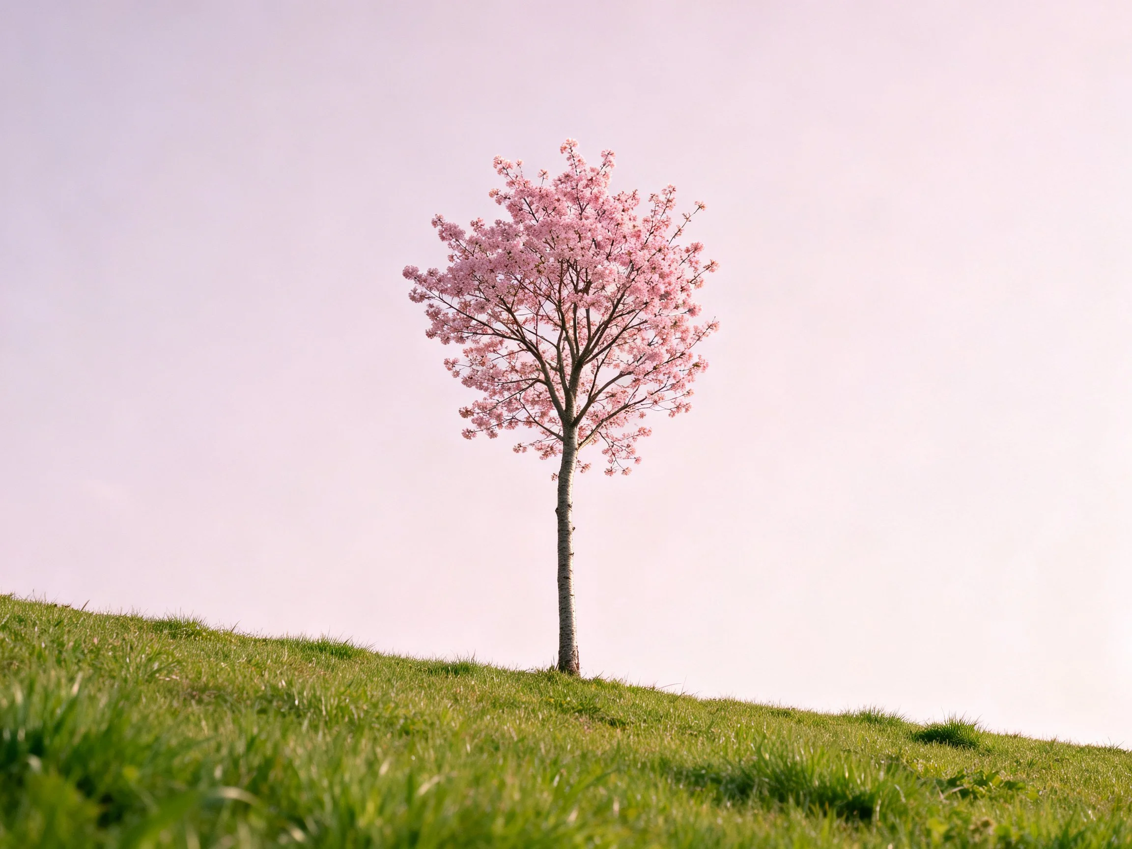 A single pink-blossomed tree on a grassy hilltop
