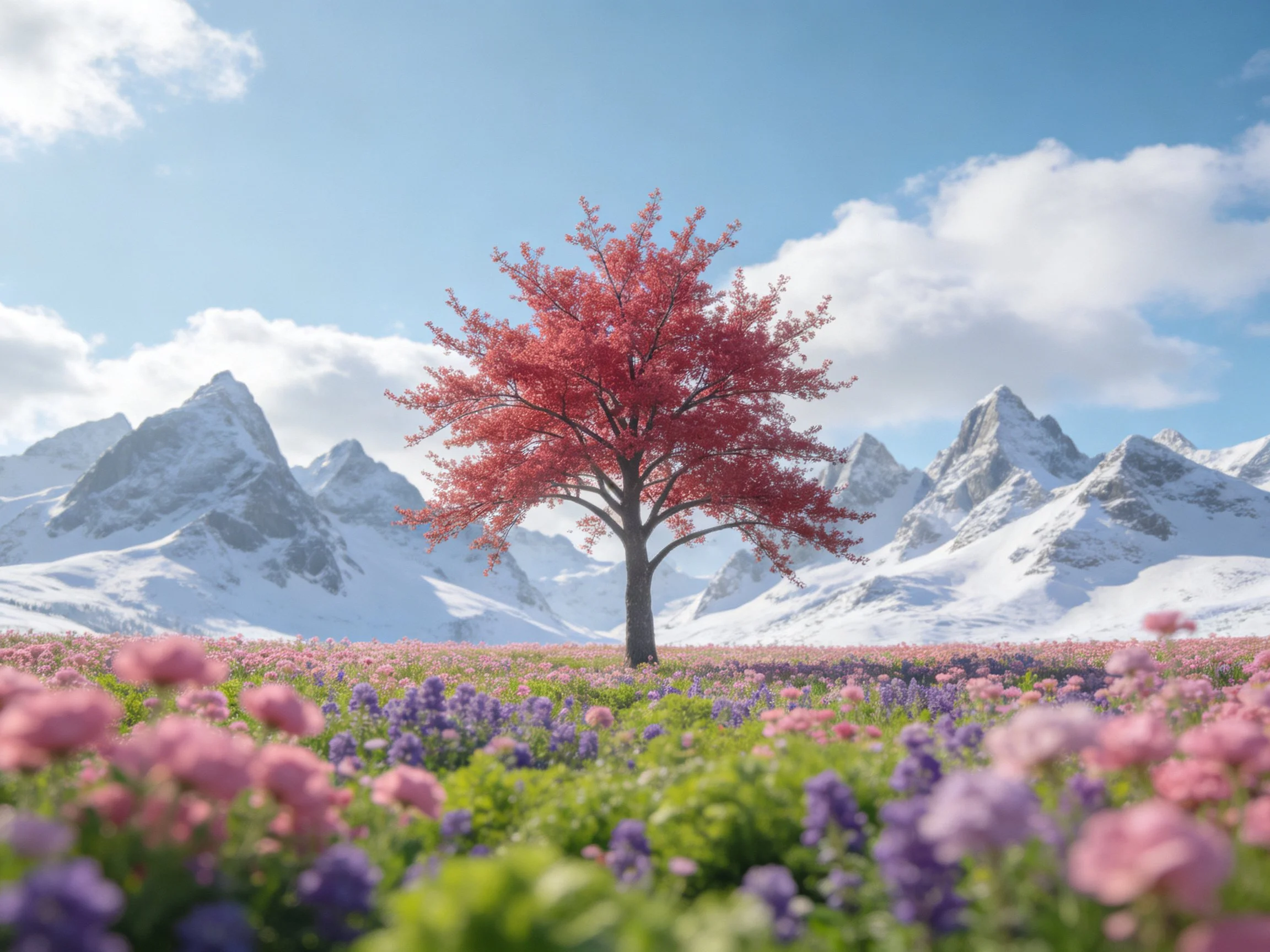A single red - foliaged tree in a colorful flower meadow near snow - capped mountains
