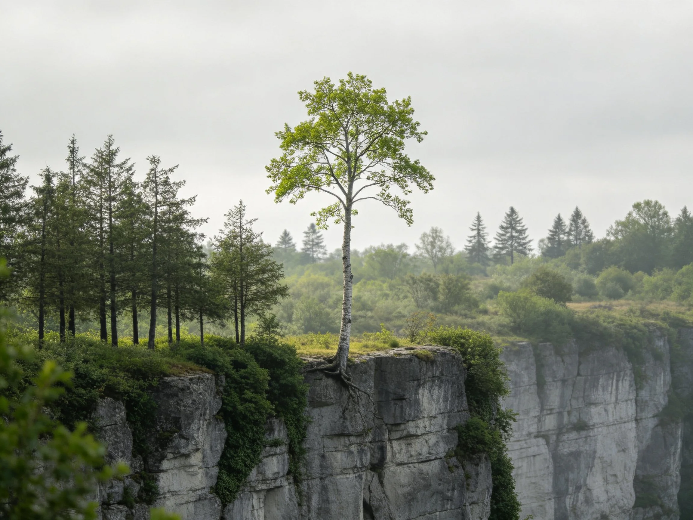 A single tree atop a rocky cliff with surrounding forests