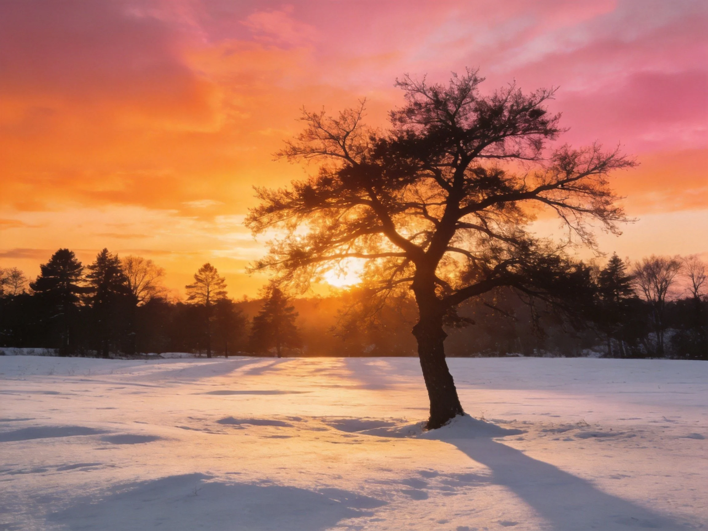 A single tree in a snowy field beneath vibrant sunset skies